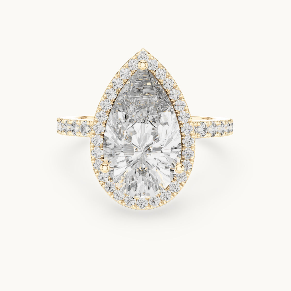 Pear cut lab-grown diamond solitaire ring in 14K yellow gold, 4.47 CT TW, view 1