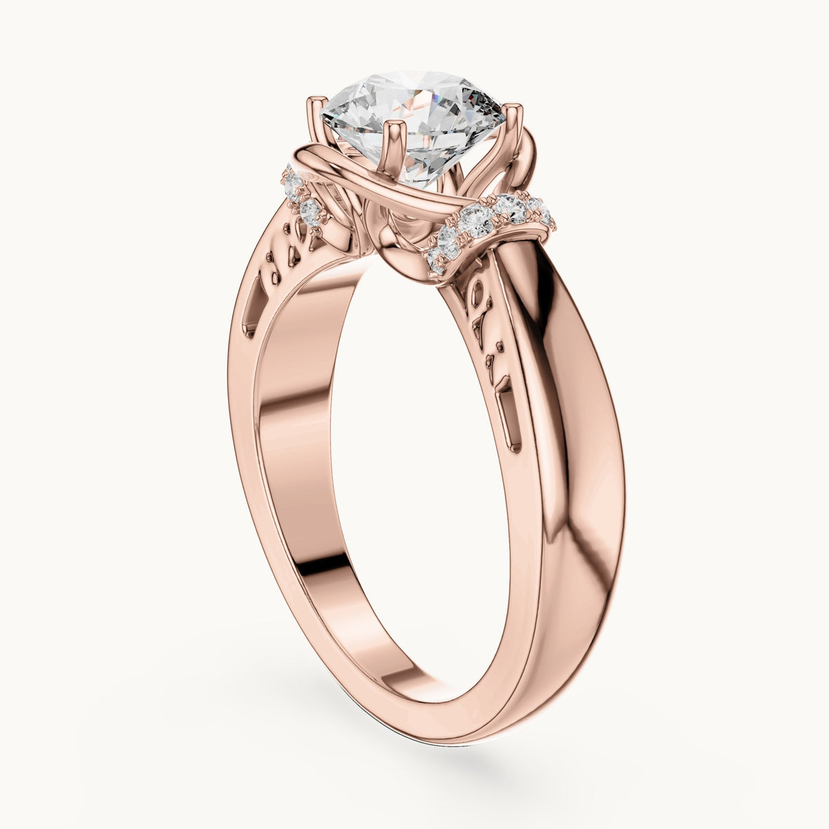 Round cut lab-grown diamond solitaire ring in 14K rose gold, 1.12 CT TW, view 1