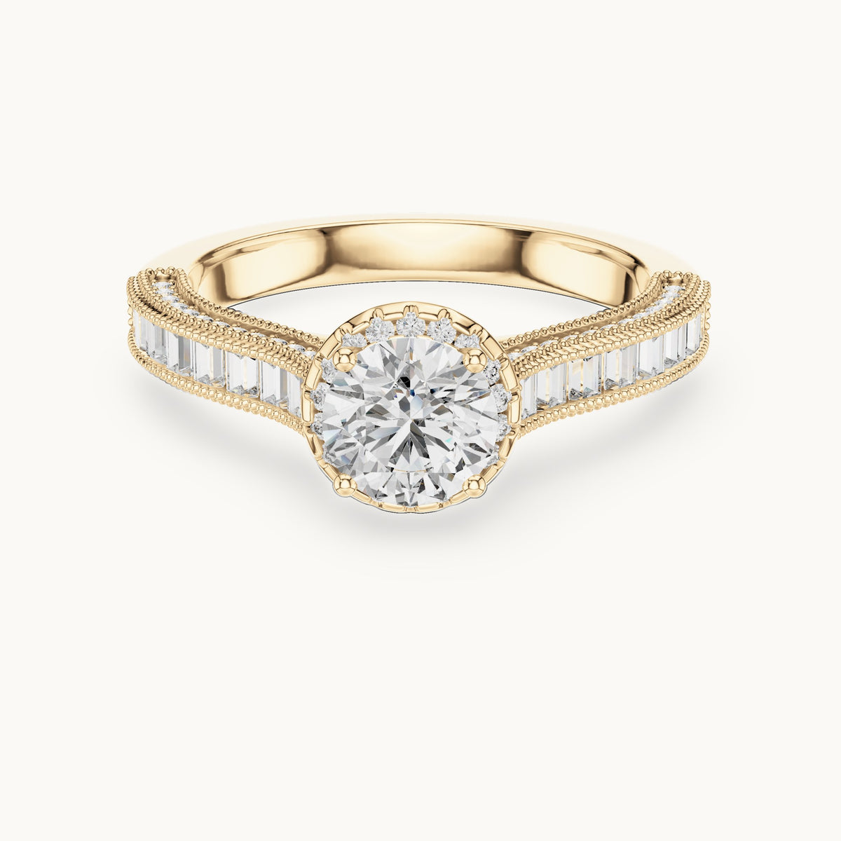 Round cut lab-grown diamond solitaire ring in 14K yellow gold, 1.43 CT TW, view 1