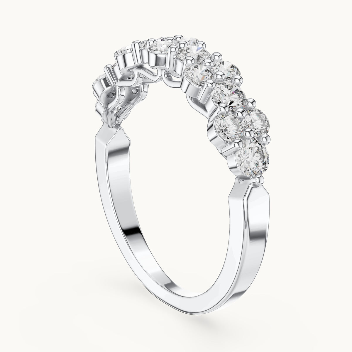 Round cut lab-grown diamond half eternity band in 14K white gold, 0.93 CT TW, view 1