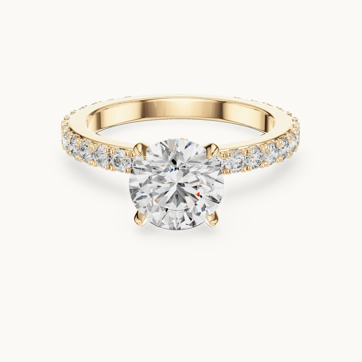 Round cut lab-grown diamond pave solitaire ring in 14K yellow gold, 1.62 CT TW, view 1
