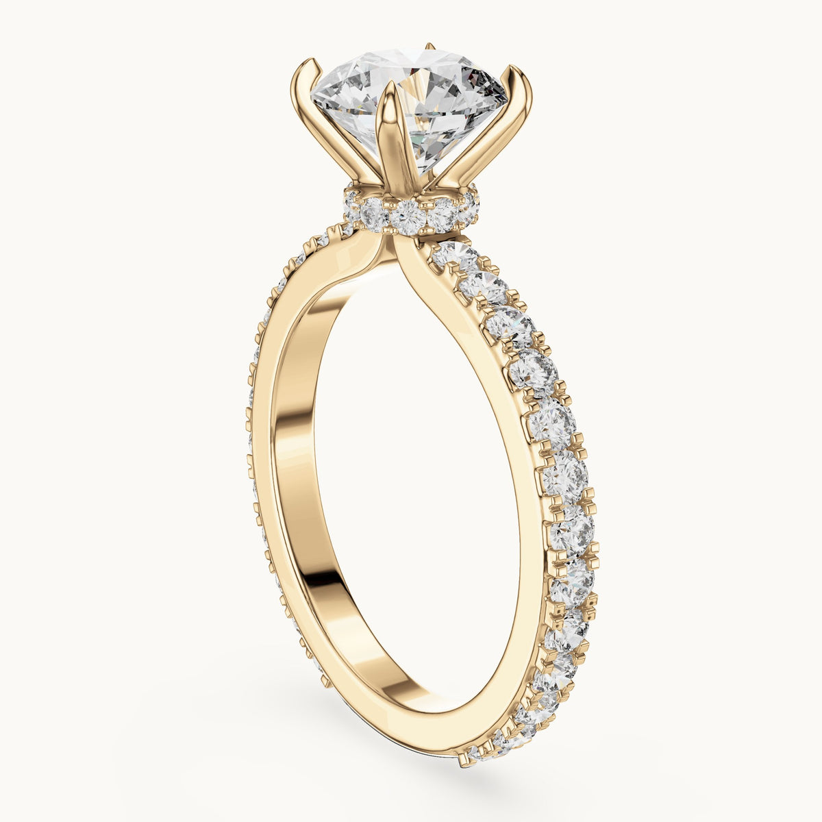 Round cut lab-grown diamond pave solitaire ring in 14K yellow gold, 1.62 CT TW, view 2
