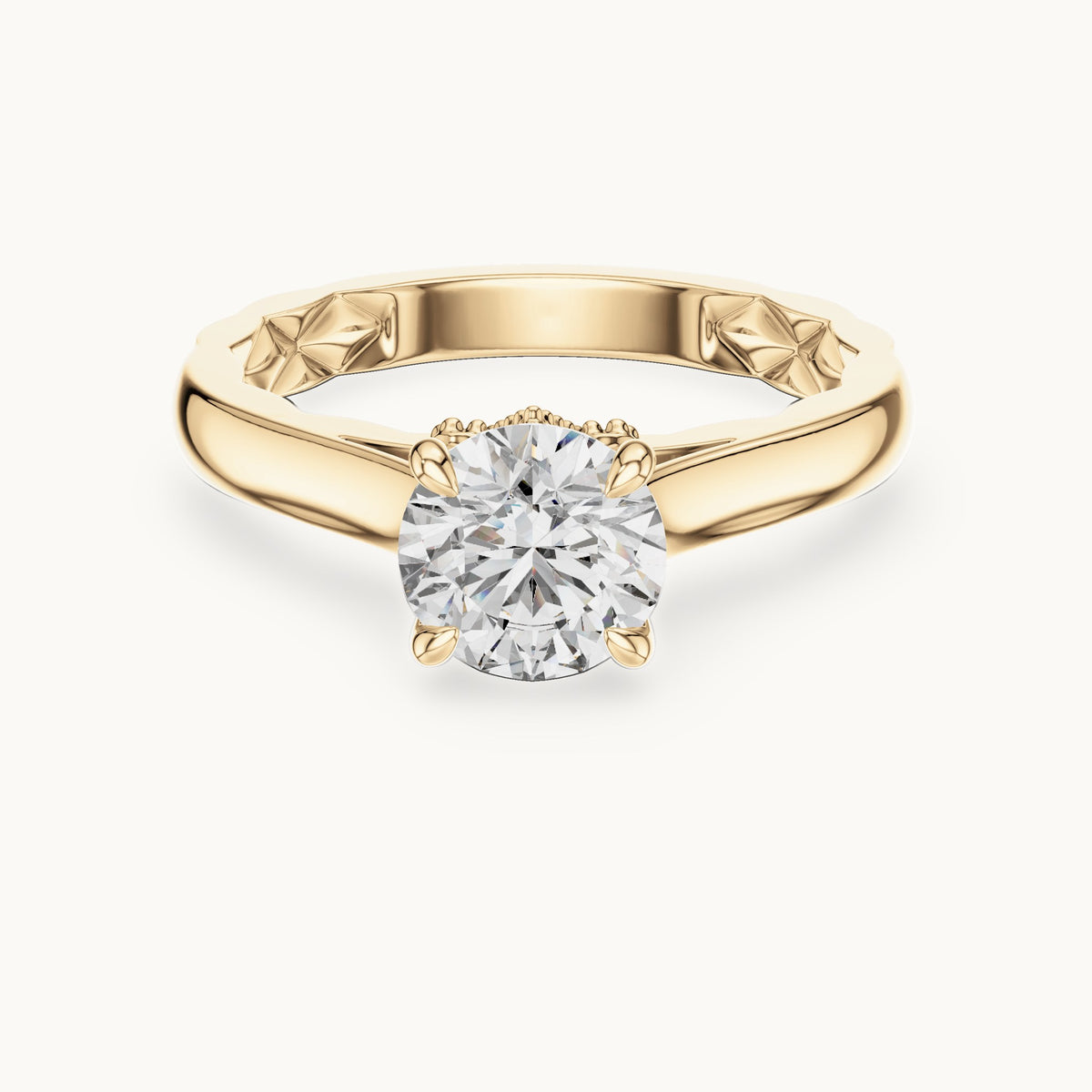 Round cut lab-grown diamond solitaire ring in 14K yellow gold, 1.02 CT TW, view 1