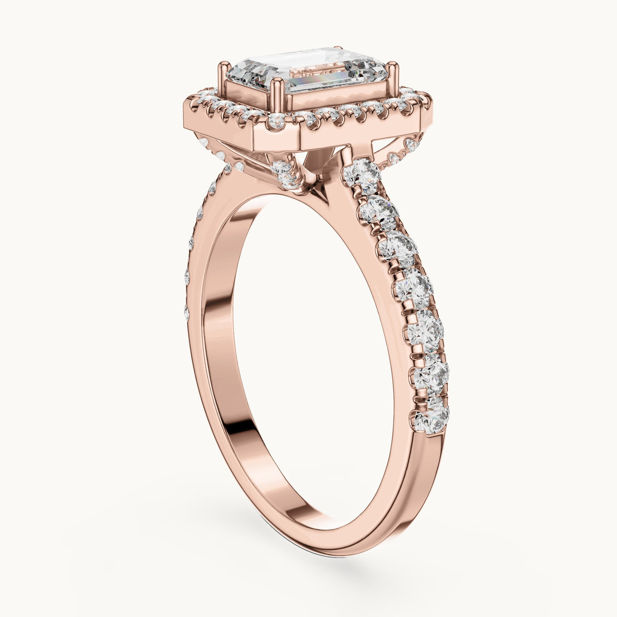 Emerald cut lab-grown diamond solitaire ring in 14K rose gold, 1.66 CT TW, view 1