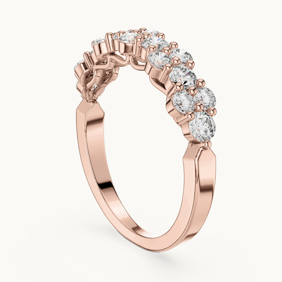 Round cut lab-grown diamond half eternity band in 14K rose gold, 0.93 CT TW, view 1
