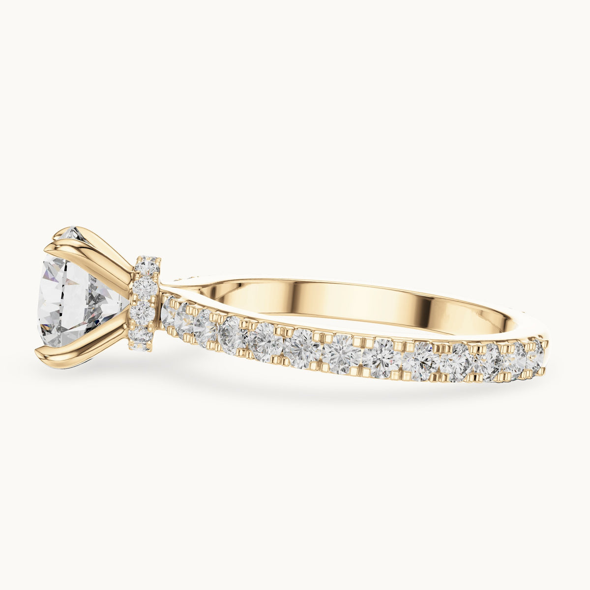 Round cut lab-grown diamond pave solitaire ring in 14K yellow gold, 1.62 CT TW, view 3