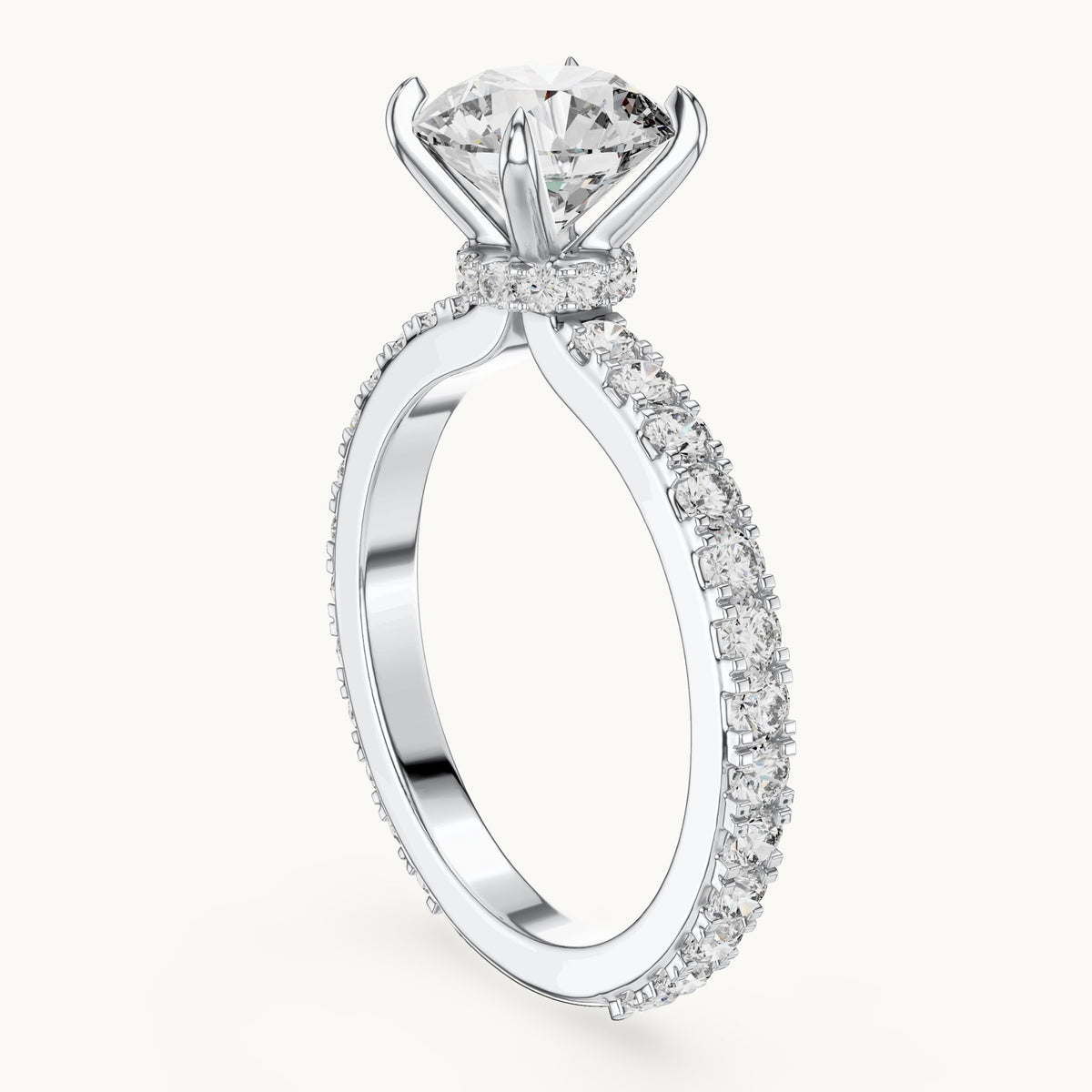 Round cut lab-grown diamond pave solitaire ring in 14K white gold, 1.62 CT TW, view 1