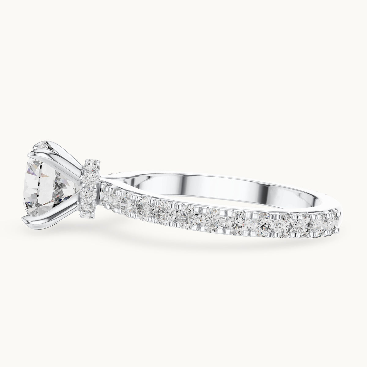 Round cut lab-grown diamond pave solitaire ring in 14K white gold, 1.62 CT TW, view 2