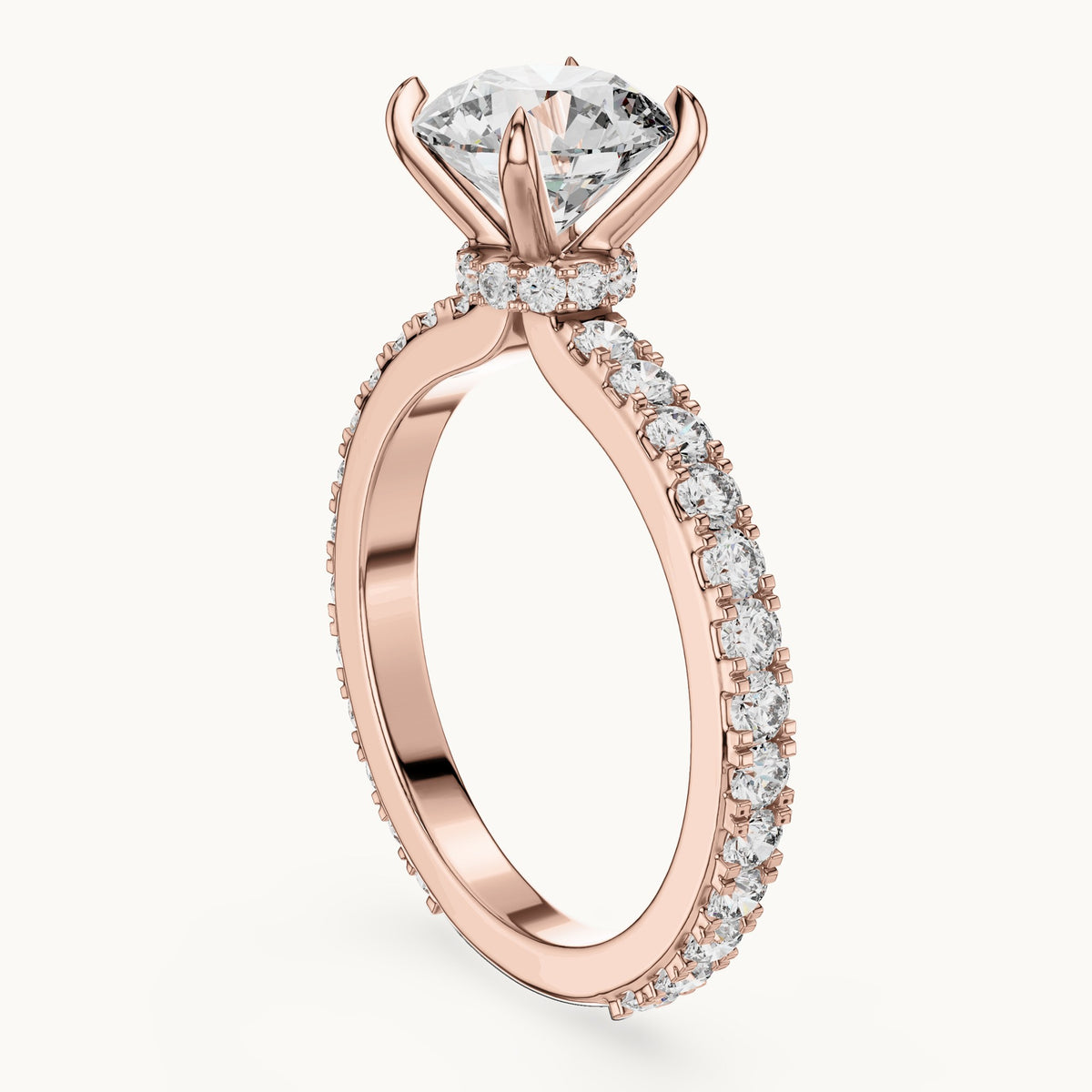 Round cut lab-grown diamond pave solitaire ring in 14K rose gold, 1.62 CT TW, view 1