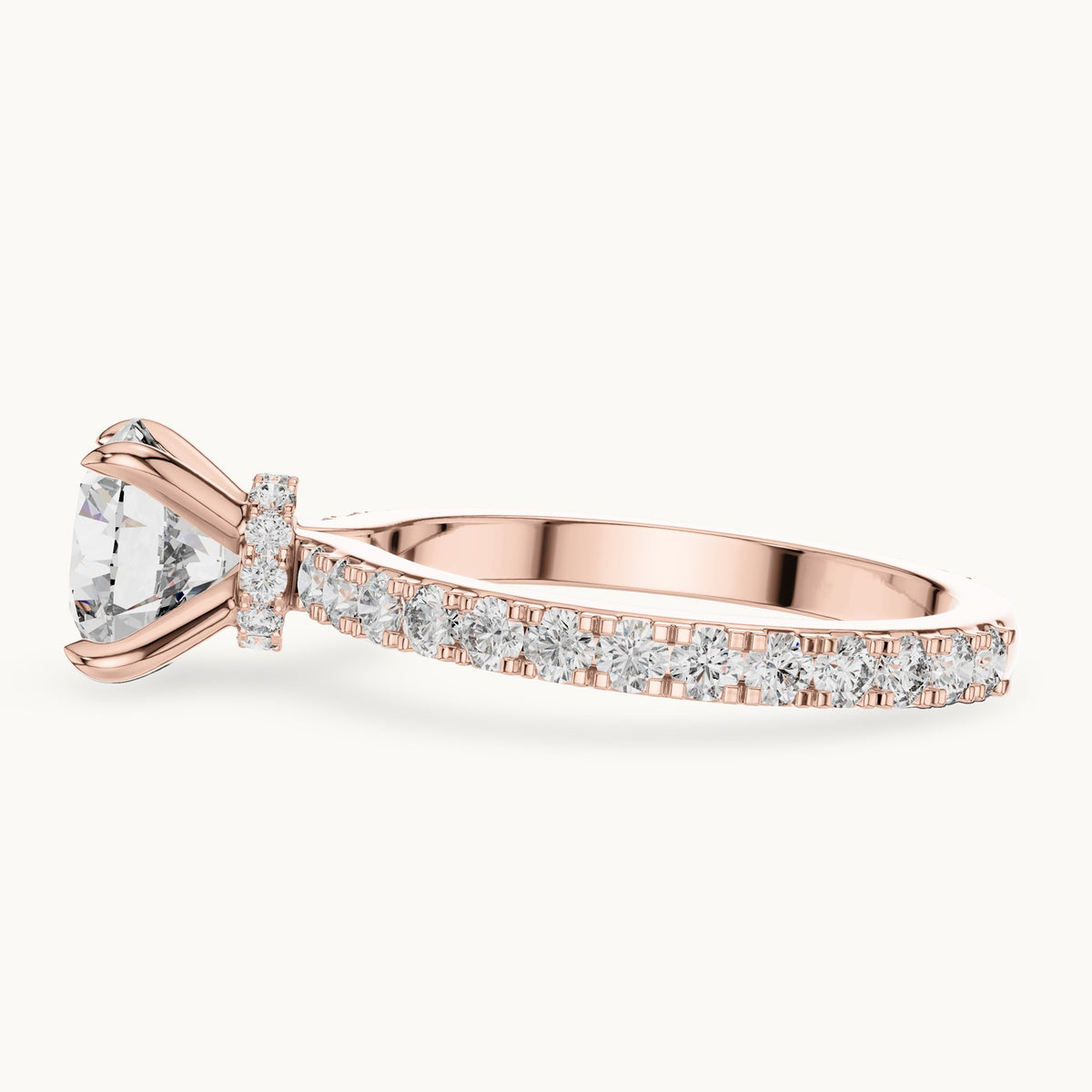 Round cut lab-grown diamond pave solitaire ring in 14K rose gold, 1.62 CT TW, view 2