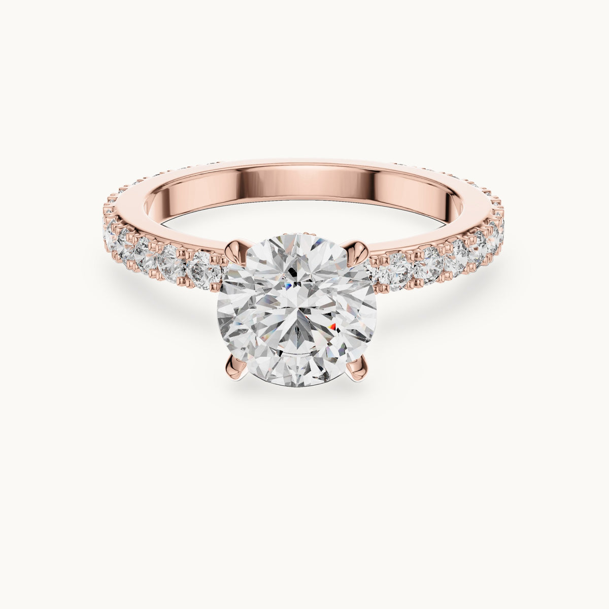 Round cut lab-grown diamond pave solitaire ring in 14K rose gold, 1.62 CT TW, view 3