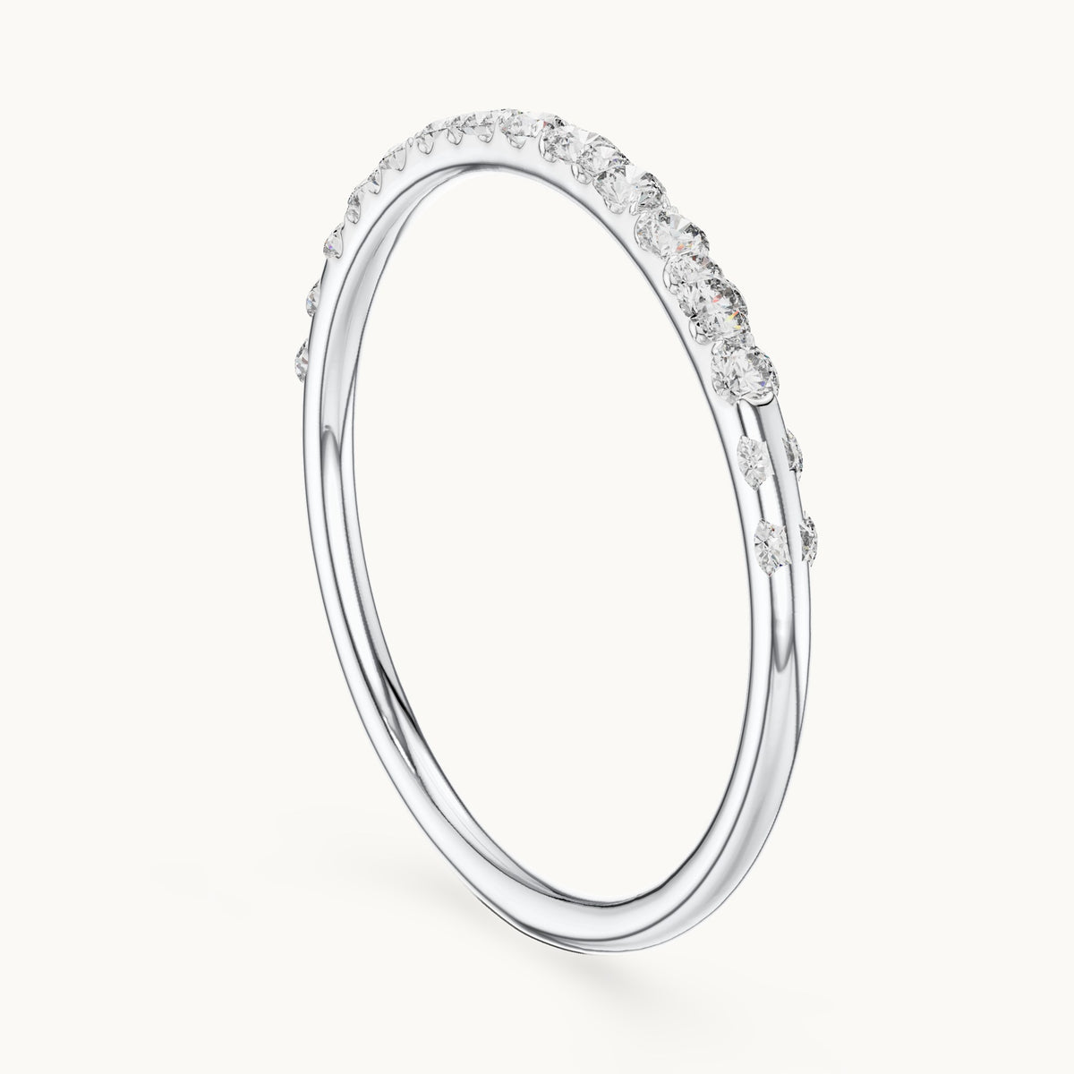 Round cut lab-grown diamond half eternity band in 14K white gold, 0.12 CT TW, view 1