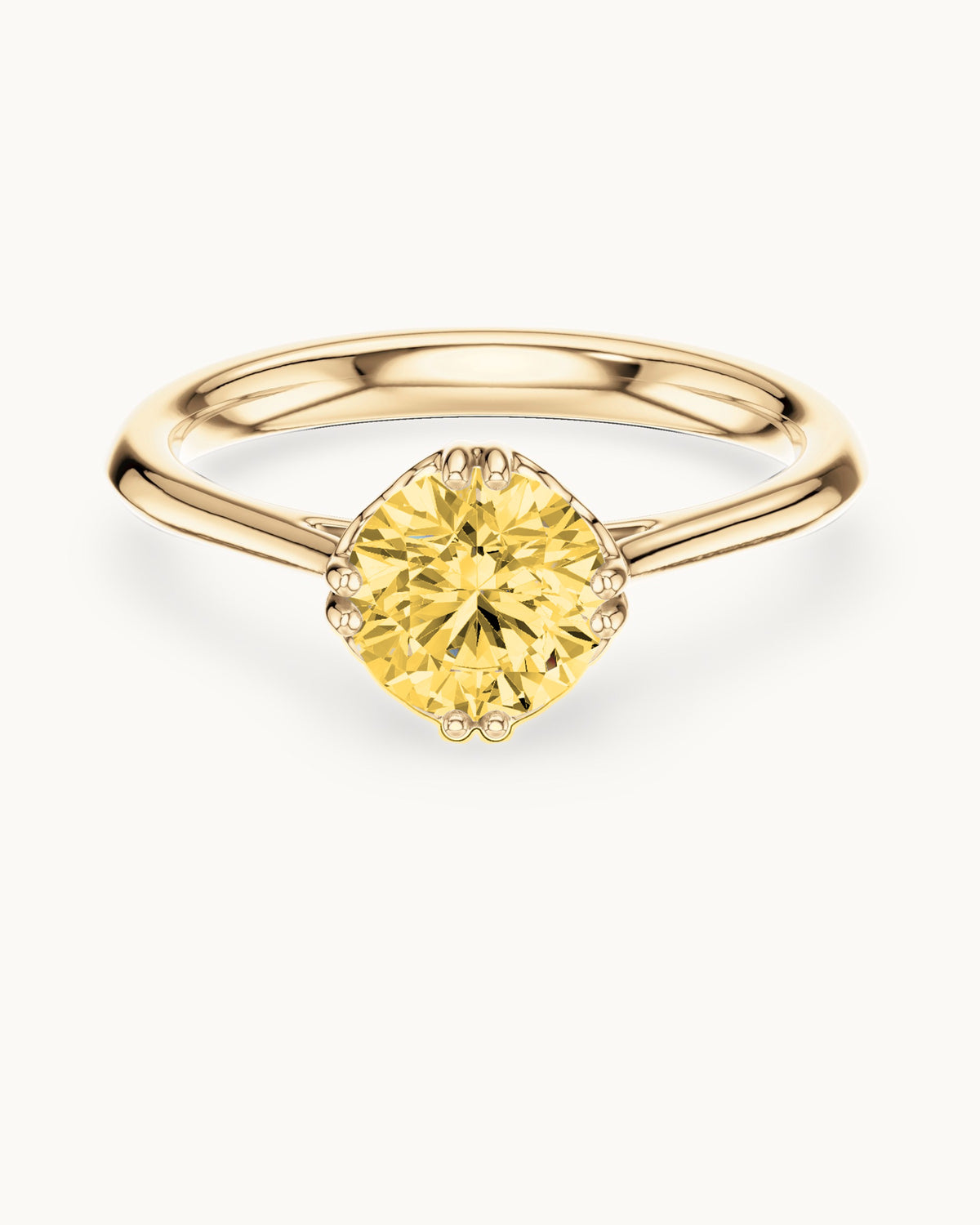 Ishira round solitaire ring in yellow gold, shown with a yellow center diamond (digitally colored render)