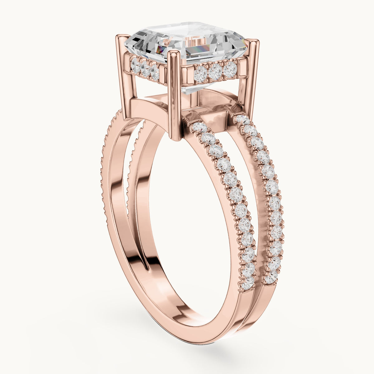 Asscher-cut lab-grown diamond pavé split-shank hidden halo engagement ring in rose gold, 3.384 CT TW, view 1