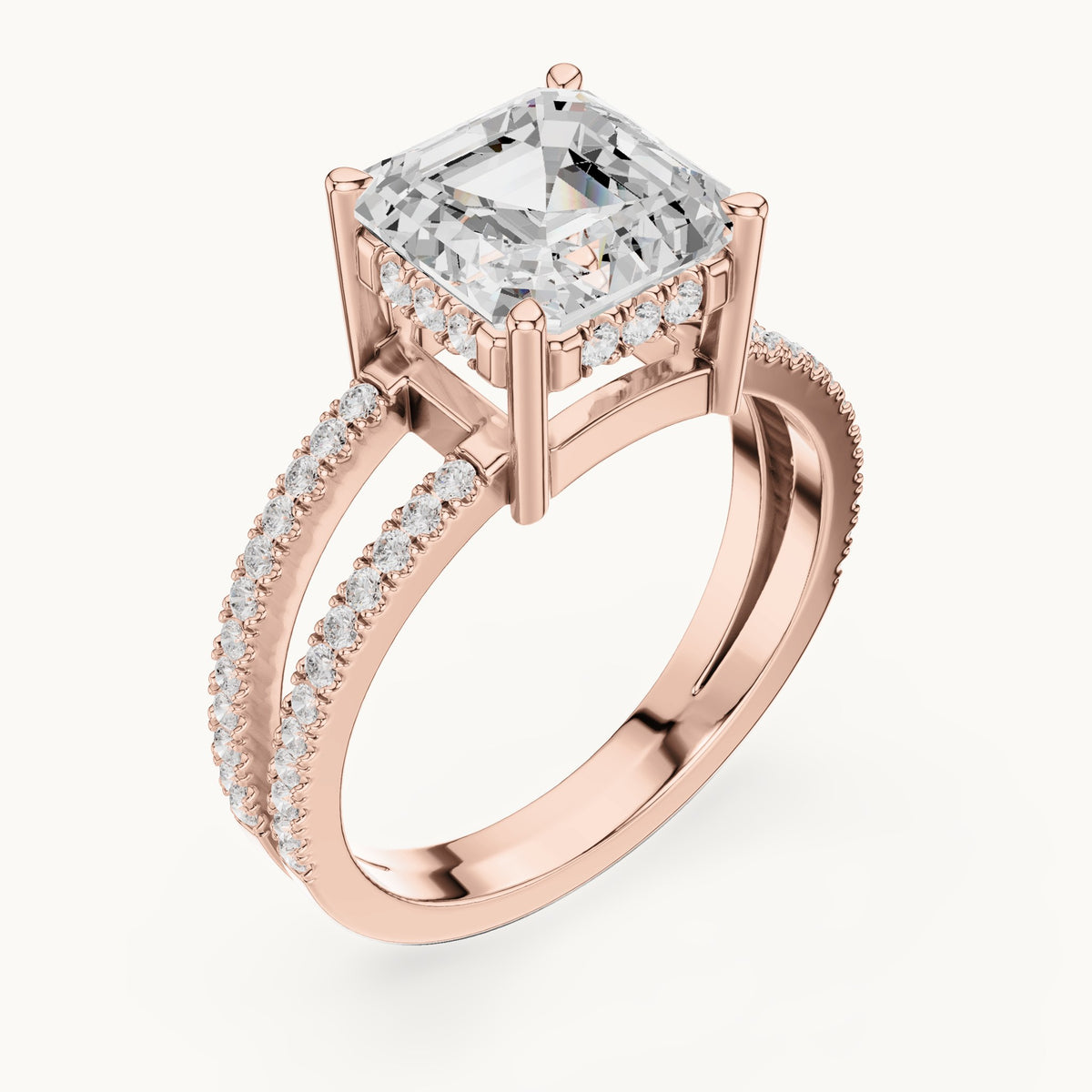 Asscher-cut lab-grown diamond pavé split-shank hidden halo engagement ring in rose gold, 3.384 CT TW, view 2