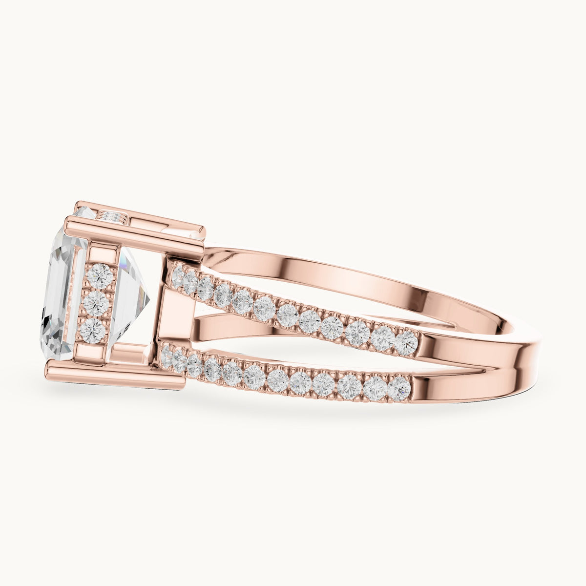 Asscher-cut lab-grown diamond pavé split-shank hidden halo engagement ring in rose gold, 3.384 CT TW, view 3
