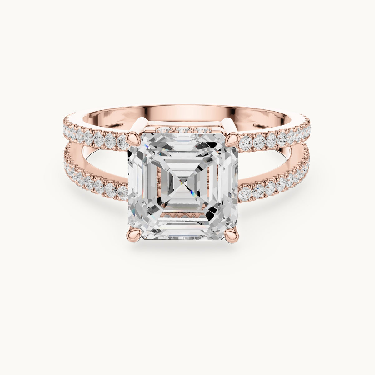 Asscher-cut lab-grown diamond pavé split-shank hidden halo engagement ring in rose gold, 3.384 CT TW, view 4