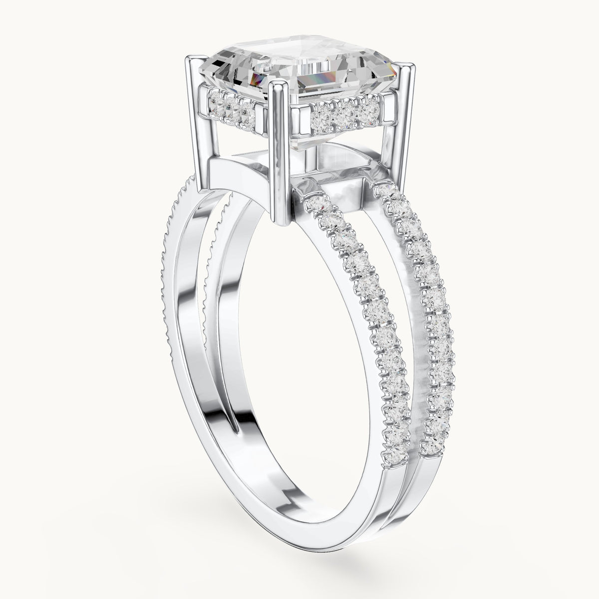 Asscher-cut lab-grown diamond pavé split-shank hidden halo engagement ring in white gold, 3.384 CT TW, view 1