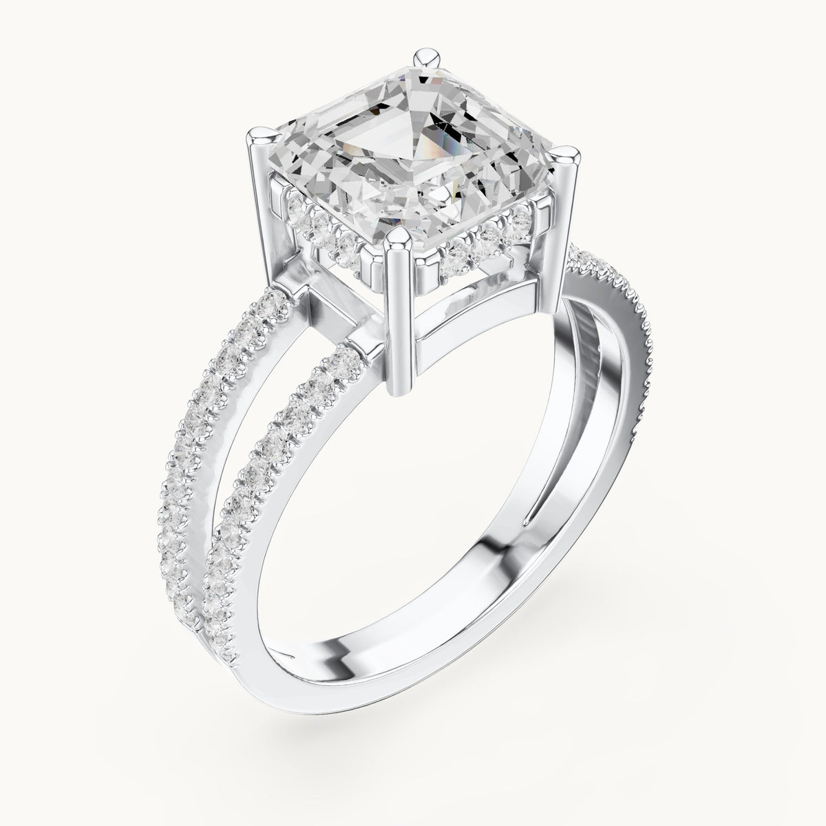 Asscher-cut lab-grown diamond pavé split-shank hidden halo engagement ring in white gold, 3.384 CT TW, view 2