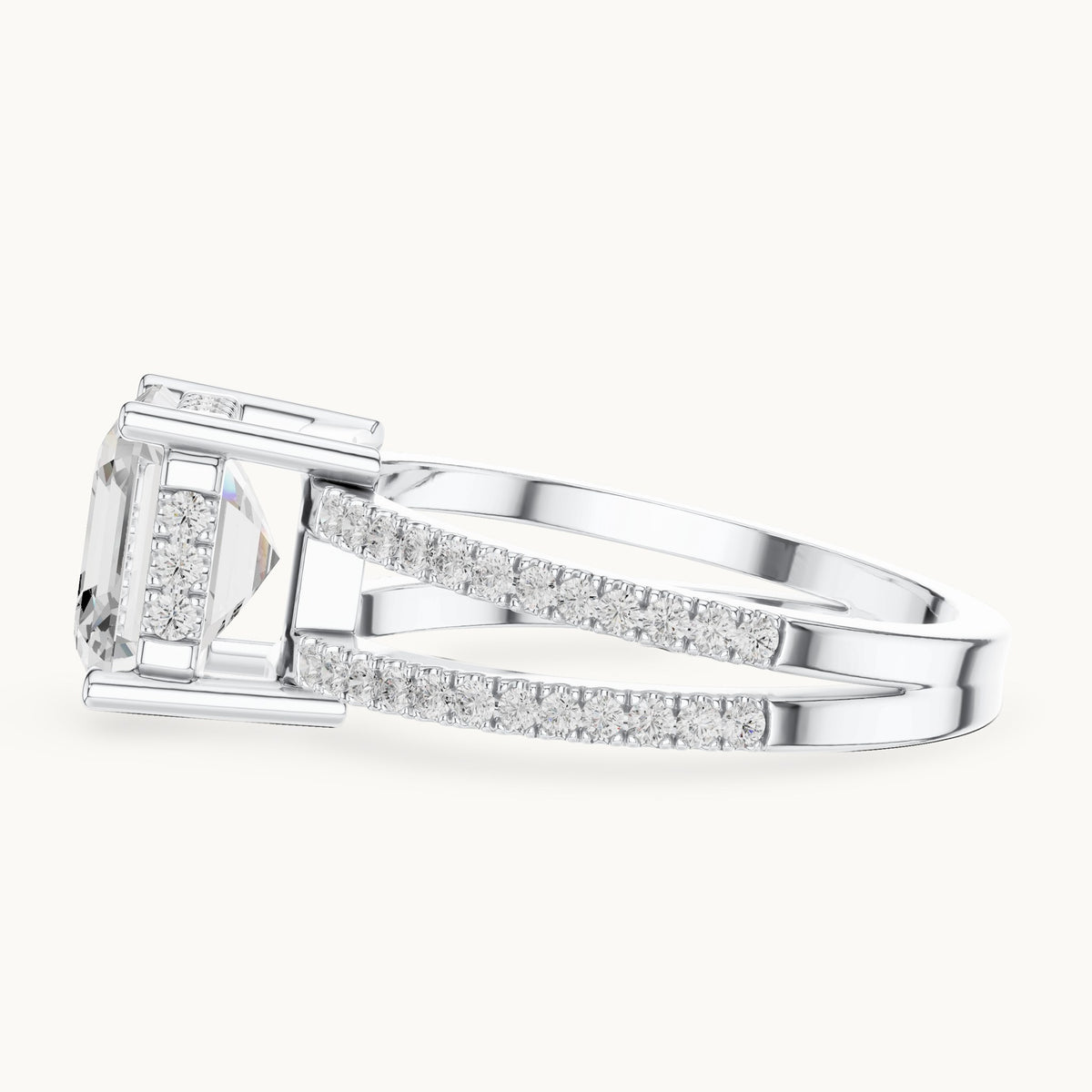Asscher-cut lab-grown diamond pavé split-shank hidden halo engagement ring in white gold, 3.384 CT TW, view 3