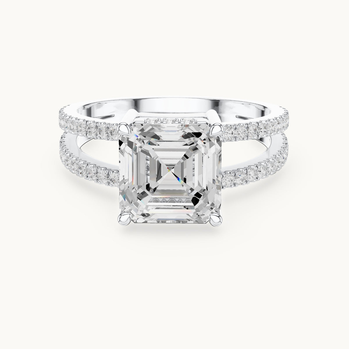 Asscher-cut lab-grown diamond pavé split-shank hidden halo engagement ring in white gold, 3.384 CT TW, view 4