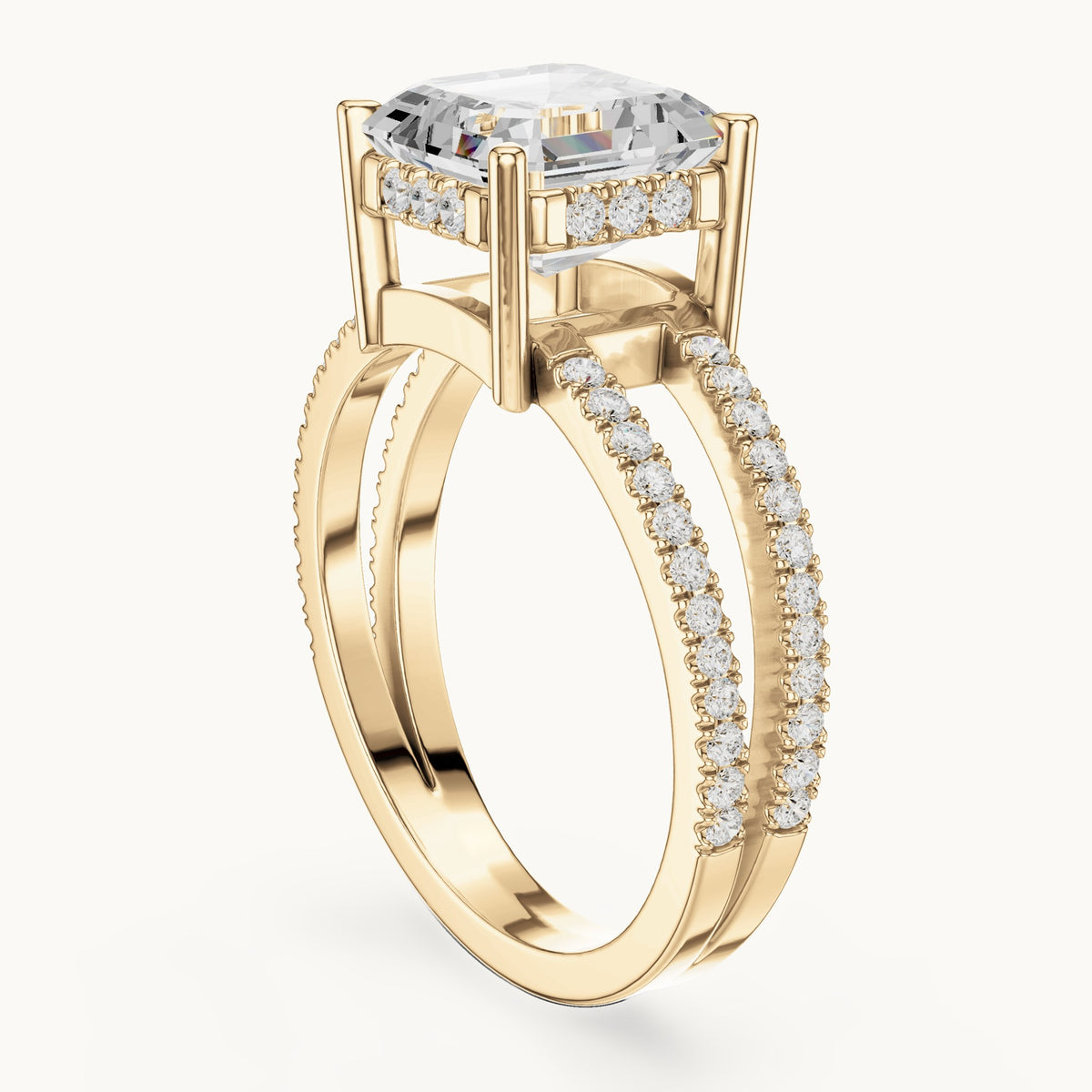 Asscher-cut lab-grown diamond pavé split-shank hidden halo engagement ring in yellow gold, 3.384 CT TW, view 1