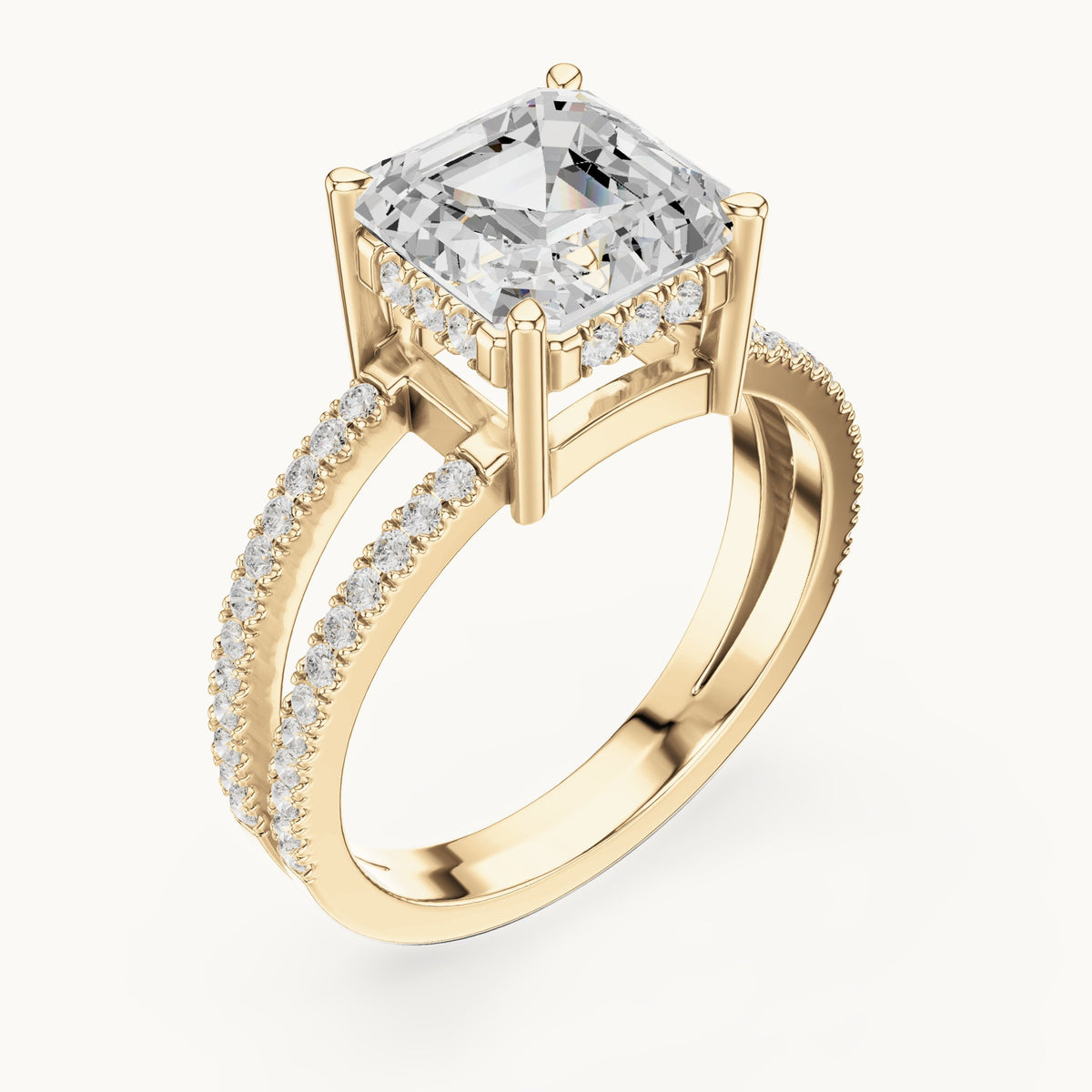 Asscher-cut lab-grown diamond pavé split-shank hidden halo engagement ring in yellow gold, 3.384 CT TW, view 2