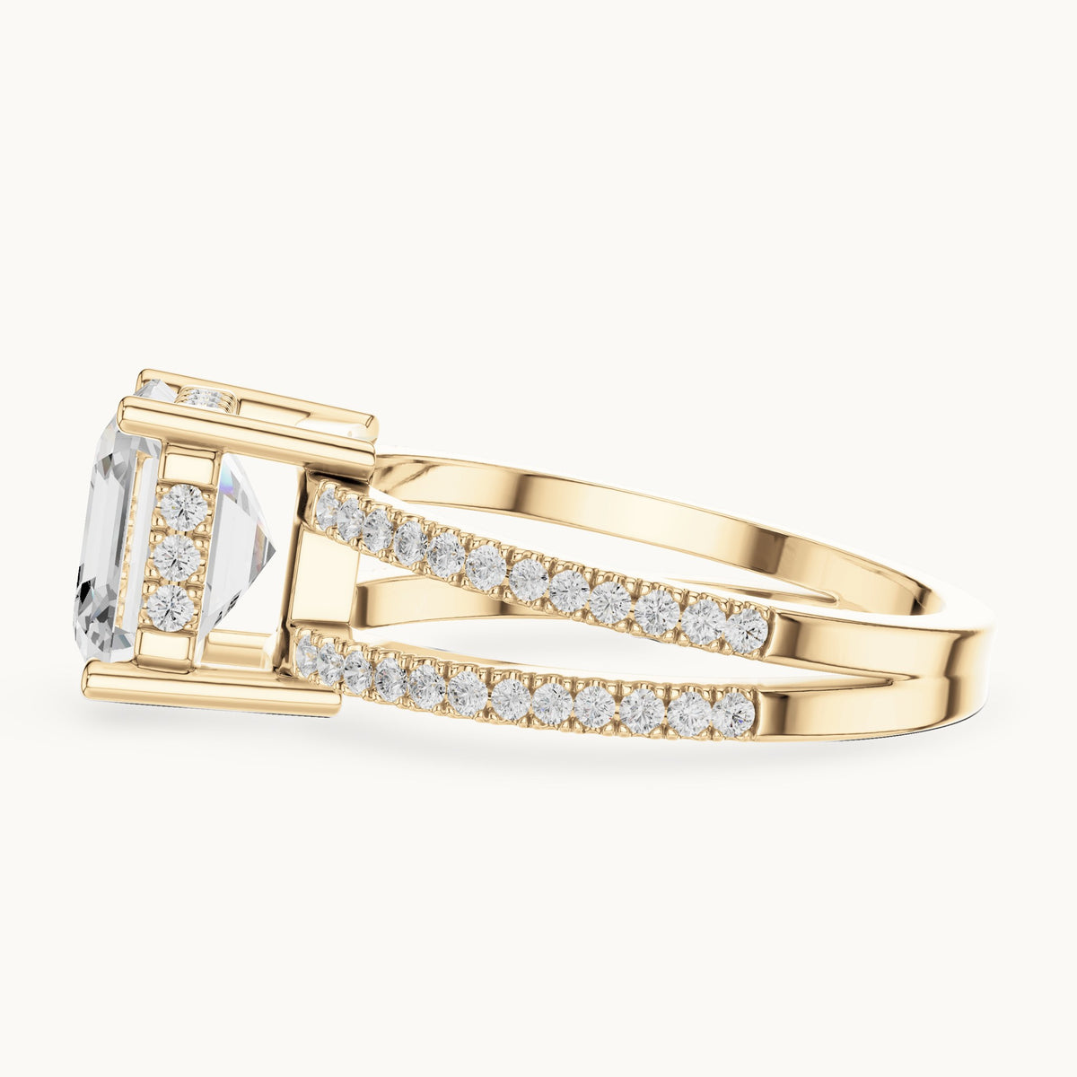 Asscher-cut lab-grown diamond pavé split-shank hidden halo engagement ring in yellow gold, 3.384 CT TW, view 3