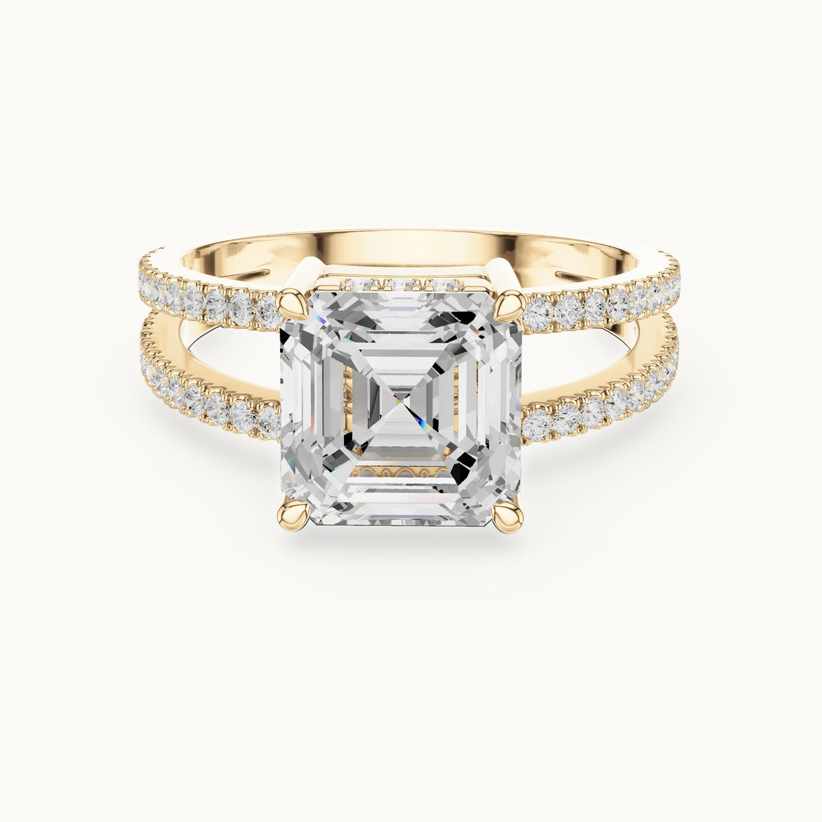 Asscher-cut lab-grown diamond pavé split-shank hidden halo engagement ring in yellow gold, 3.384 CT TW, view 4