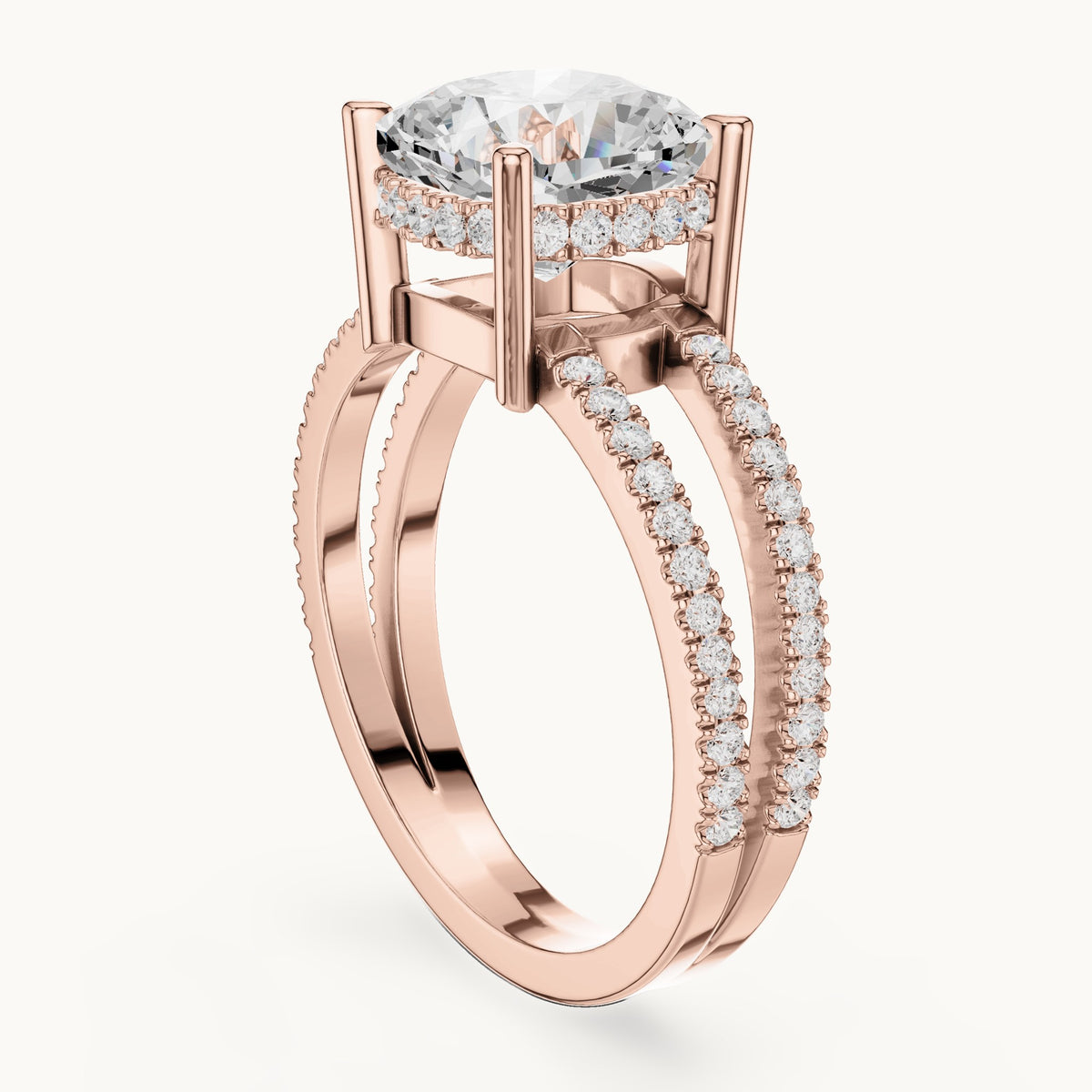 Cushion-cut lab-grown diamond pavé split-shank hidden halo engagement ring in rose gold, 3.408 CT TW, view 1