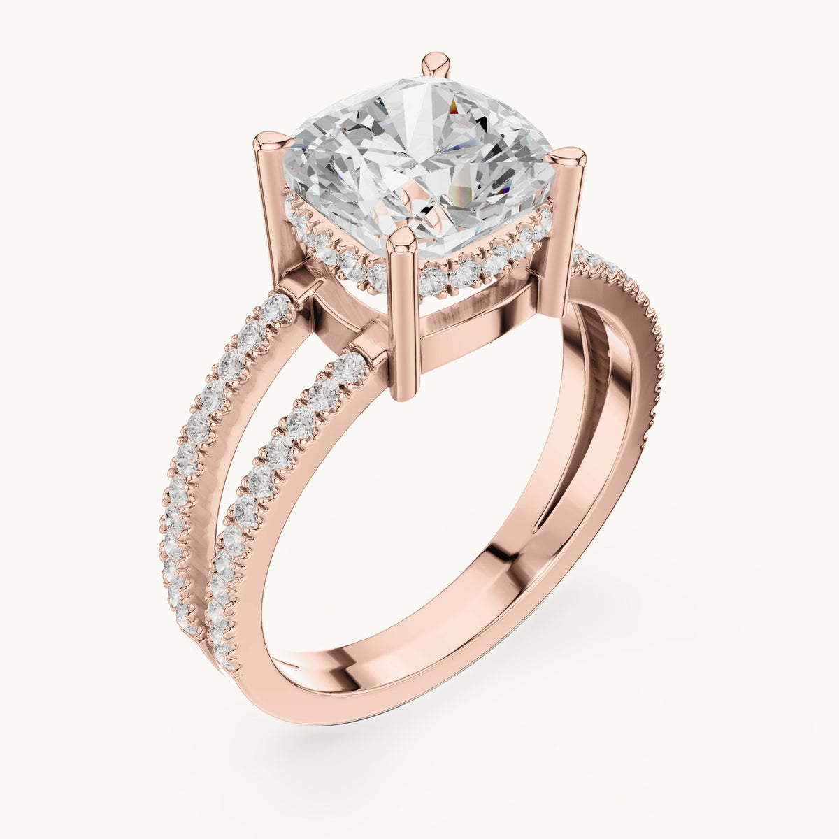 Cushion-cut lab-grown diamond pavé split-shank hidden halo engagement ring in rose gold, 3.408 CT TW, view 2