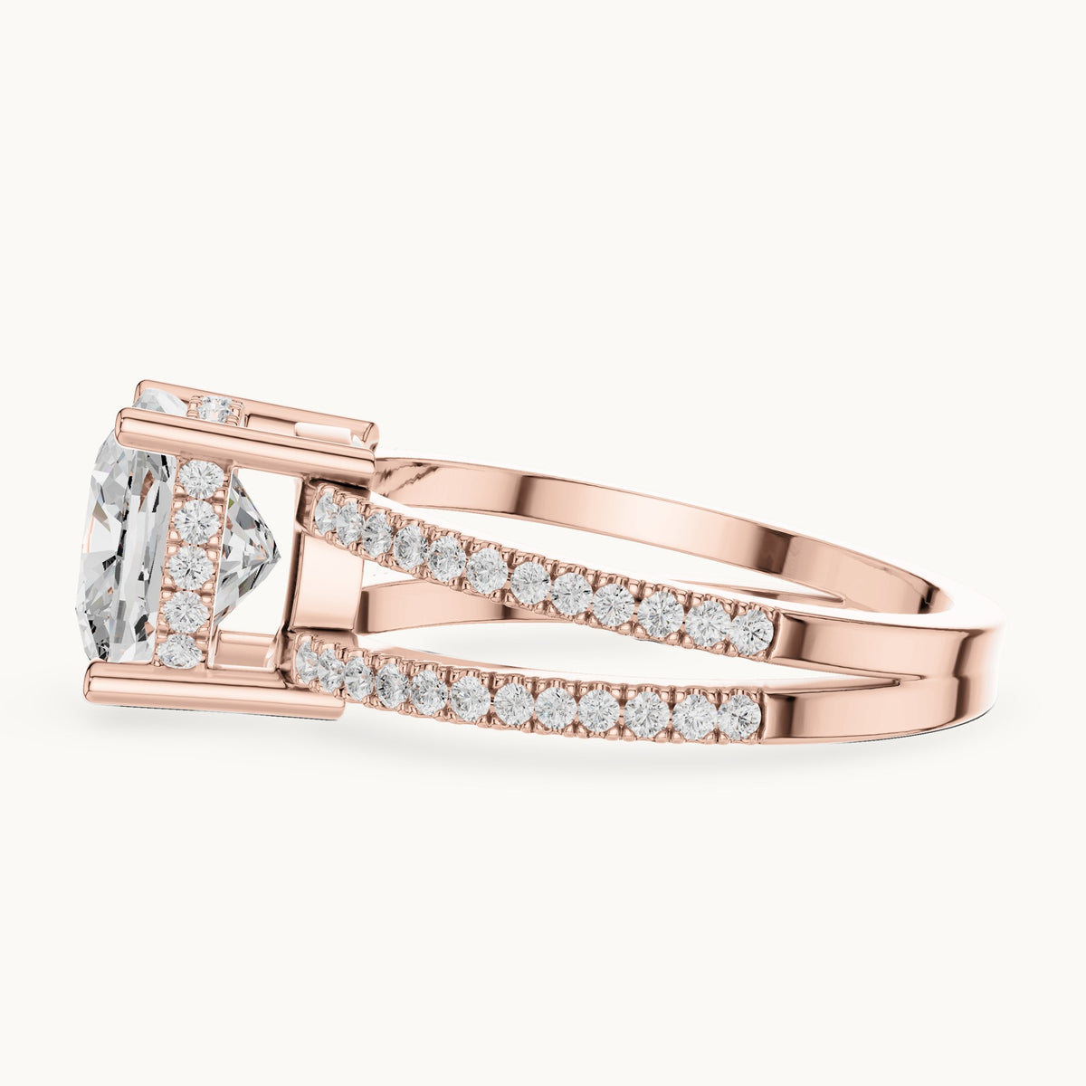 Cushion-cut lab-grown diamond pavé split-shank hidden halo engagement ring in rose gold, 3.408 CT TW, view 3