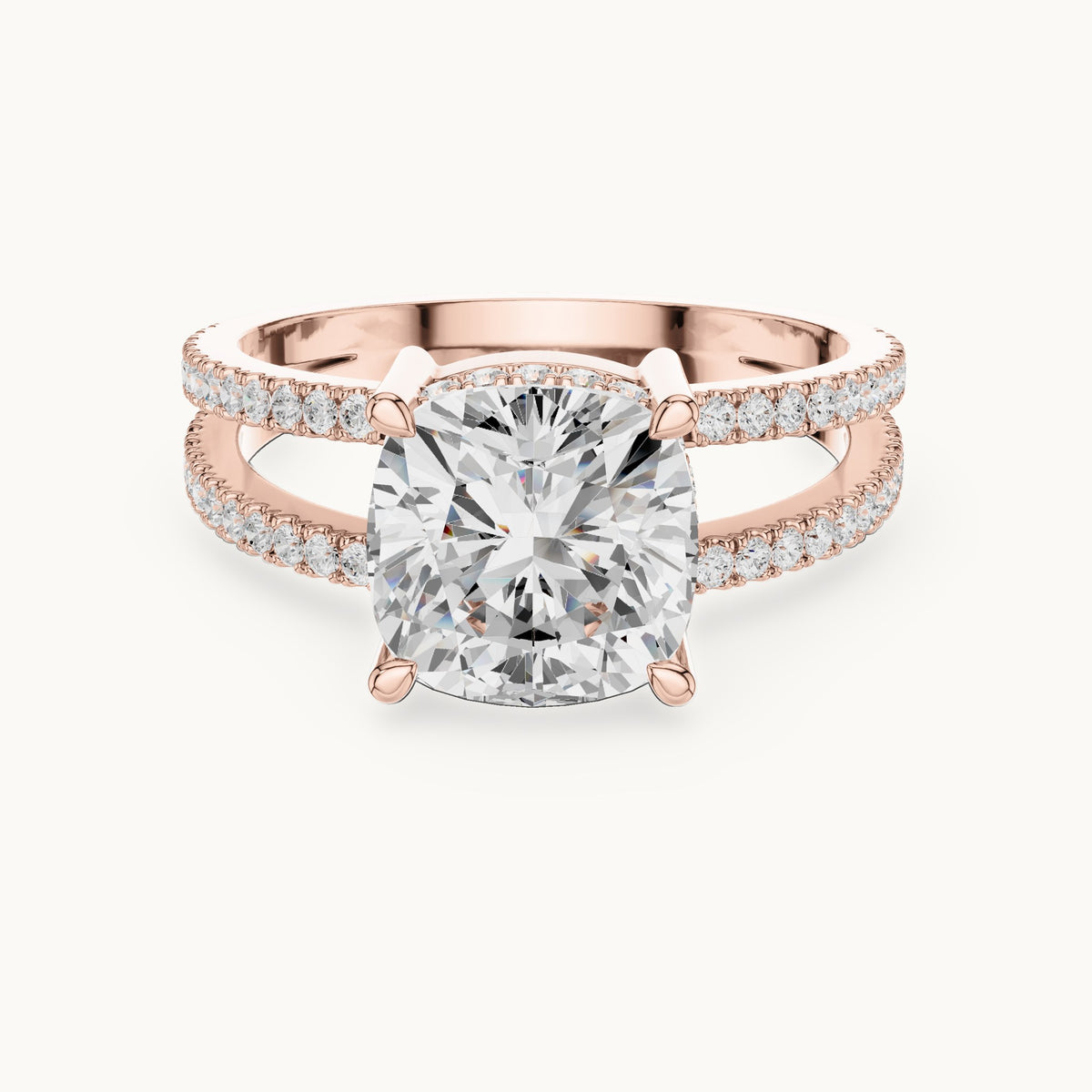 Cushion-cut lab-grown diamond pavé split-shank hidden halo engagement ring in rose gold, 3.408 CT TW, view 4