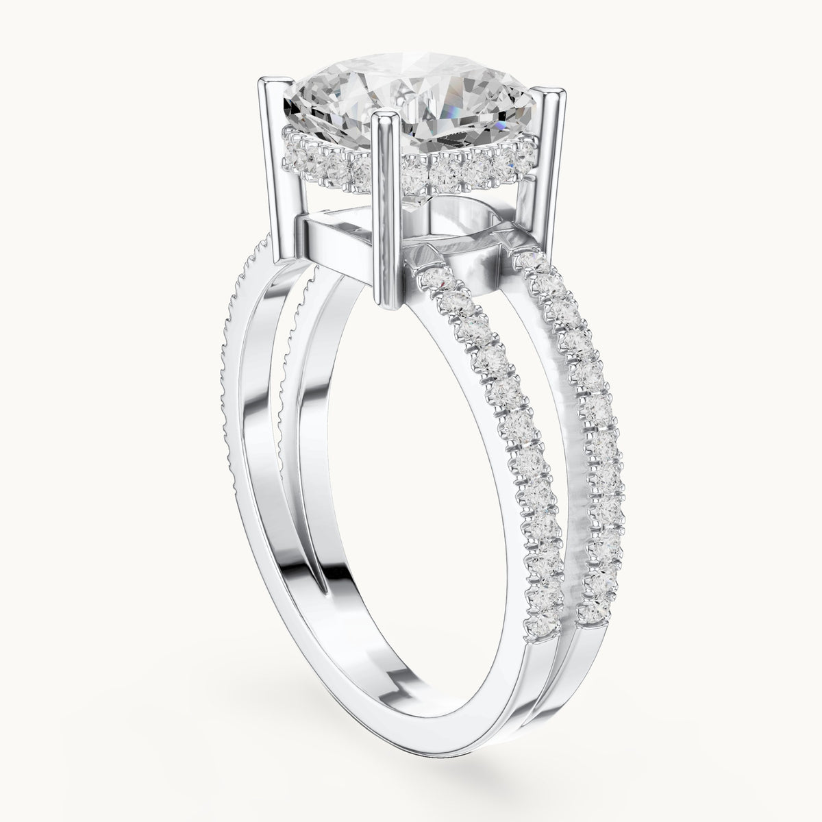 Cushion-cut lab-grown diamond pavé split-shank hidden halo engagement ring in white gold, 3.408 CT TW, view 1