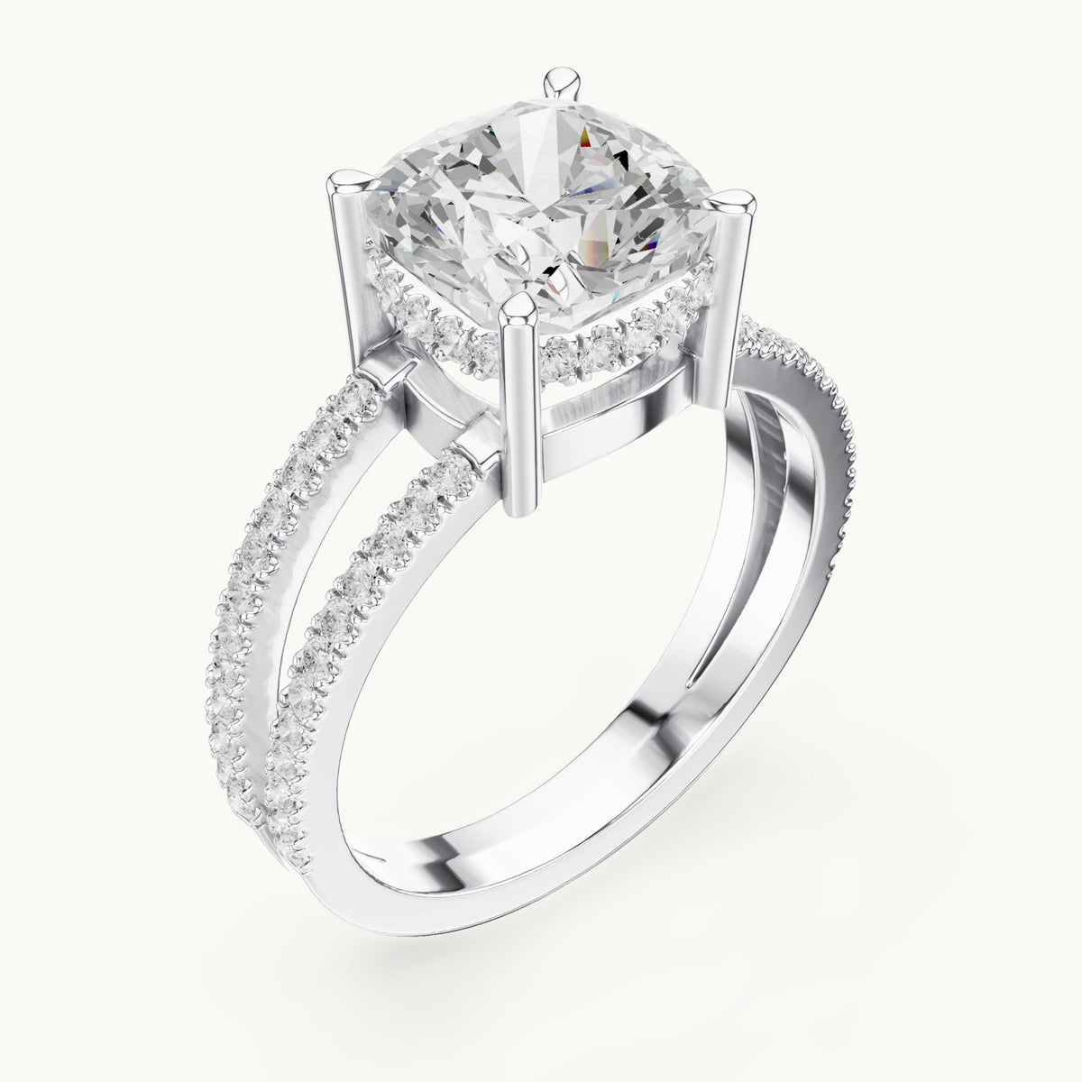 Cushion-cut lab-grown diamond pavé split-shank hidden halo engagement ring in white gold, 3.408 CT TW, view 2