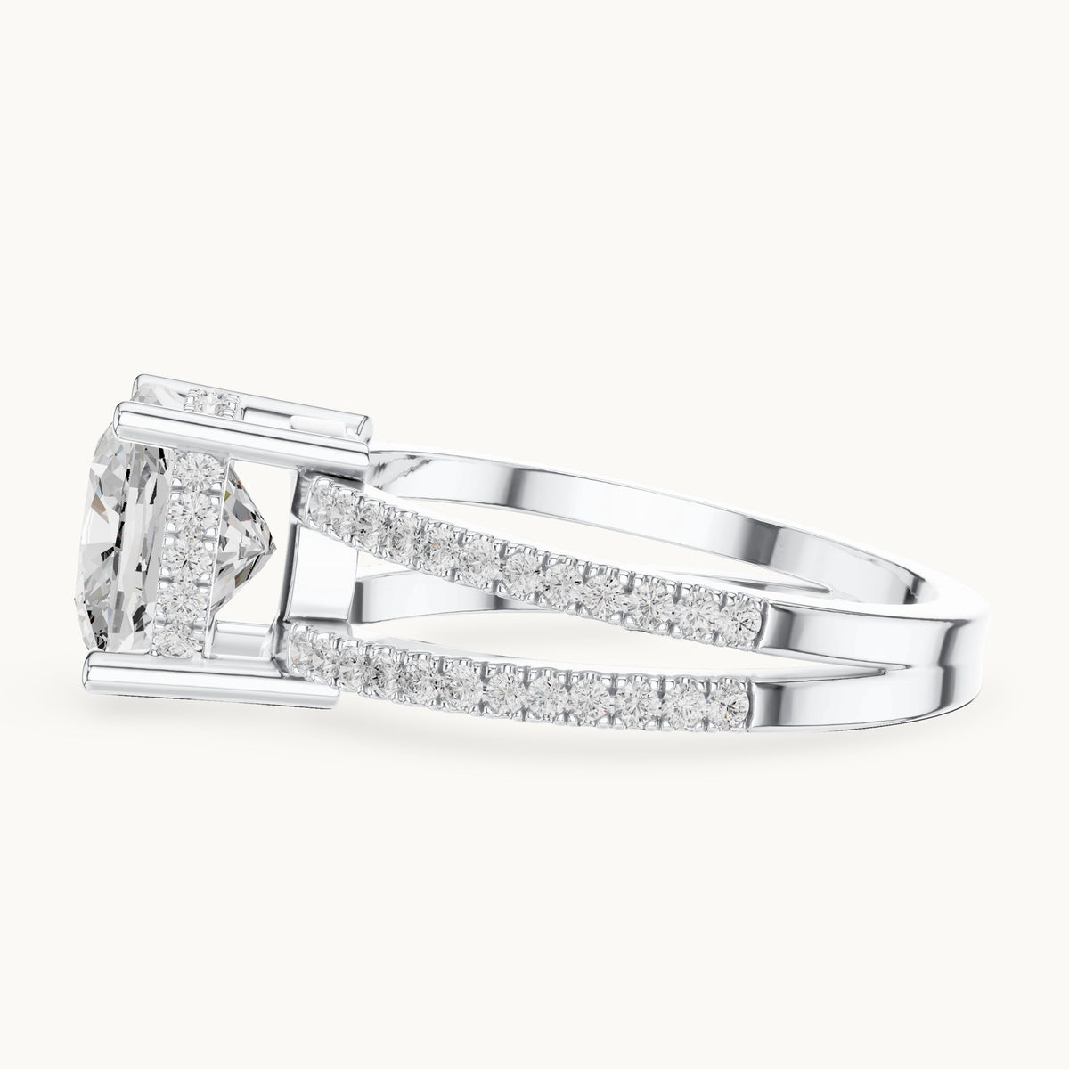 Cushion-cut lab-grown diamond pavé split-shank hidden halo engagement ring in white gold, 3.408 CT TW, view 3