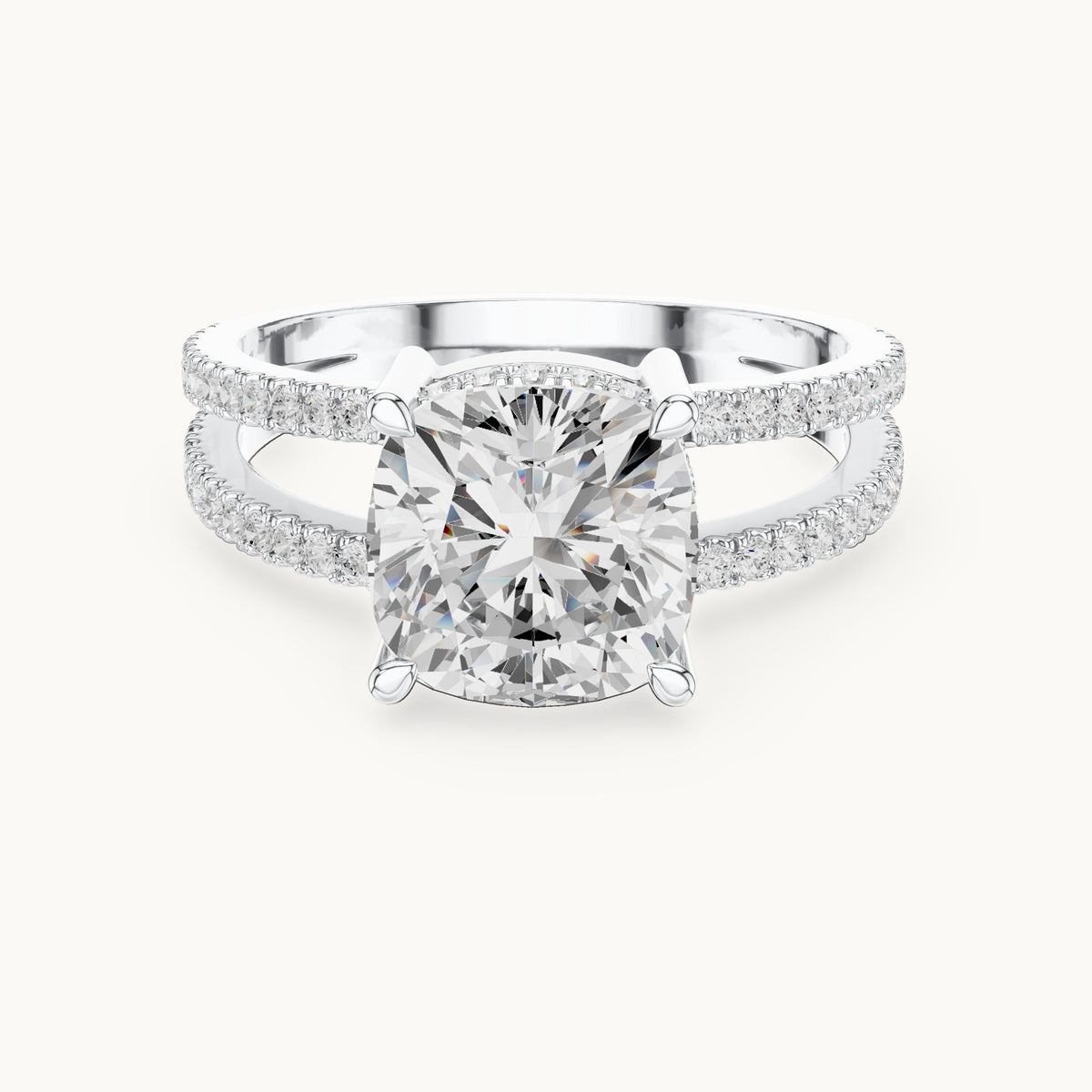 Cushion-cut lab-grown diamond pavé split-shank hidden halo engagement ring in white gold, 3.408 CT TW, view 4