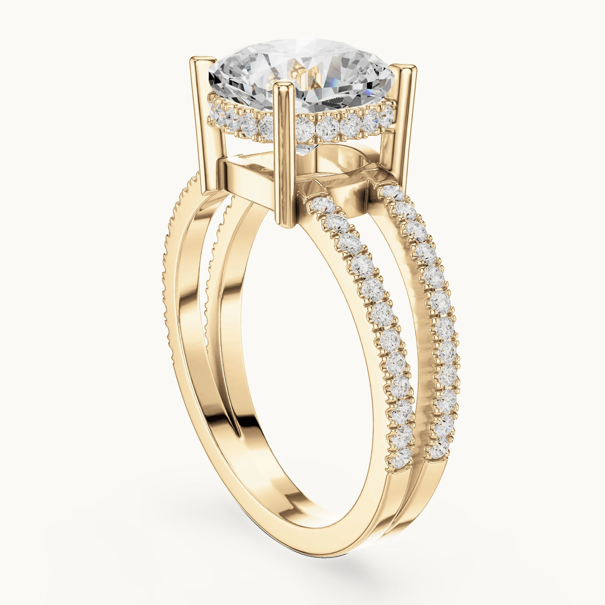 Cushion-cut lab-grown diamond pavé split-shank hidden halo engagement ring in yellow gold, 3.408 CT TW, view 1
