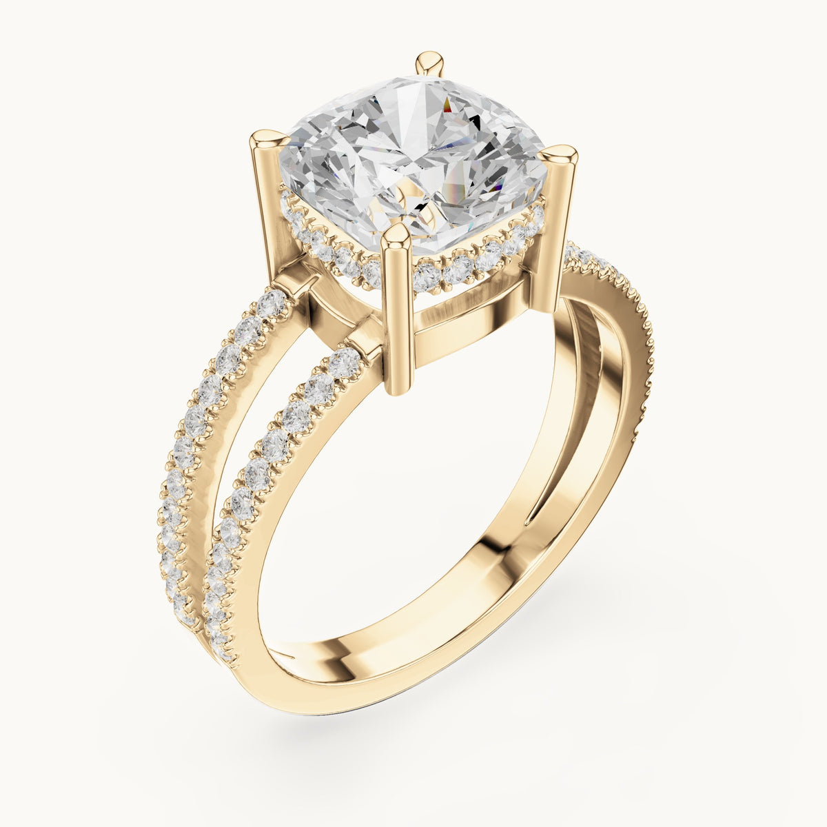 Cushion-cut lab-grown diamond pavé split-shank hidden halo engagement ring in yellow gold, 3.408 CT TW, view 2