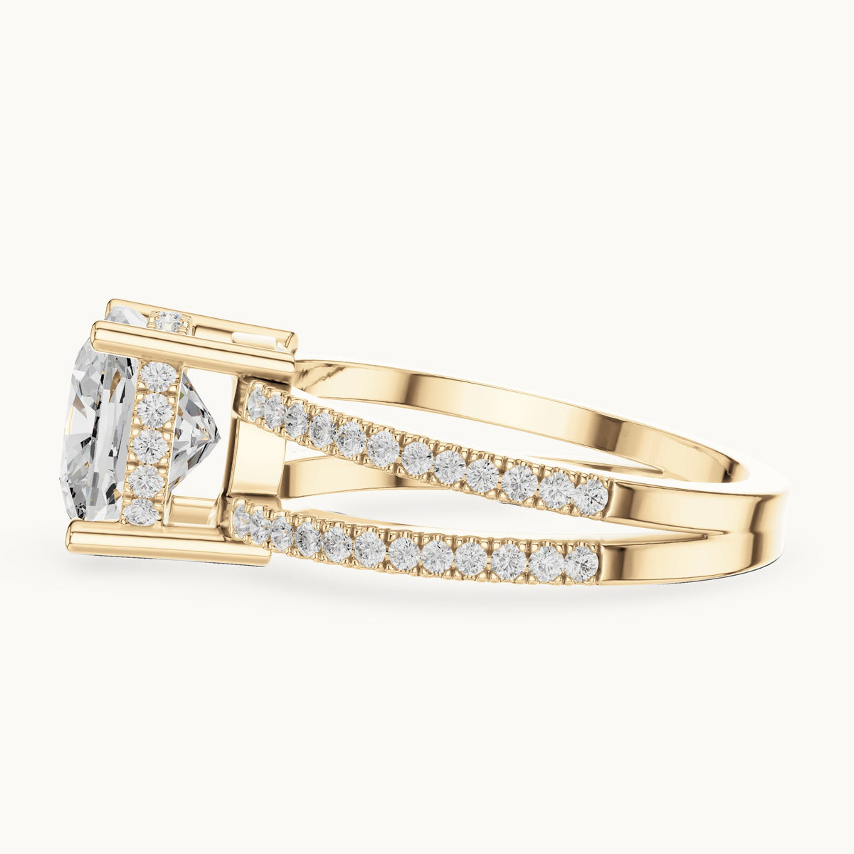 Cushion-cut lab-grown diamond pavé split-shank hidden halo engagement ring in yellow gold, 3.408 CT TW, view 3