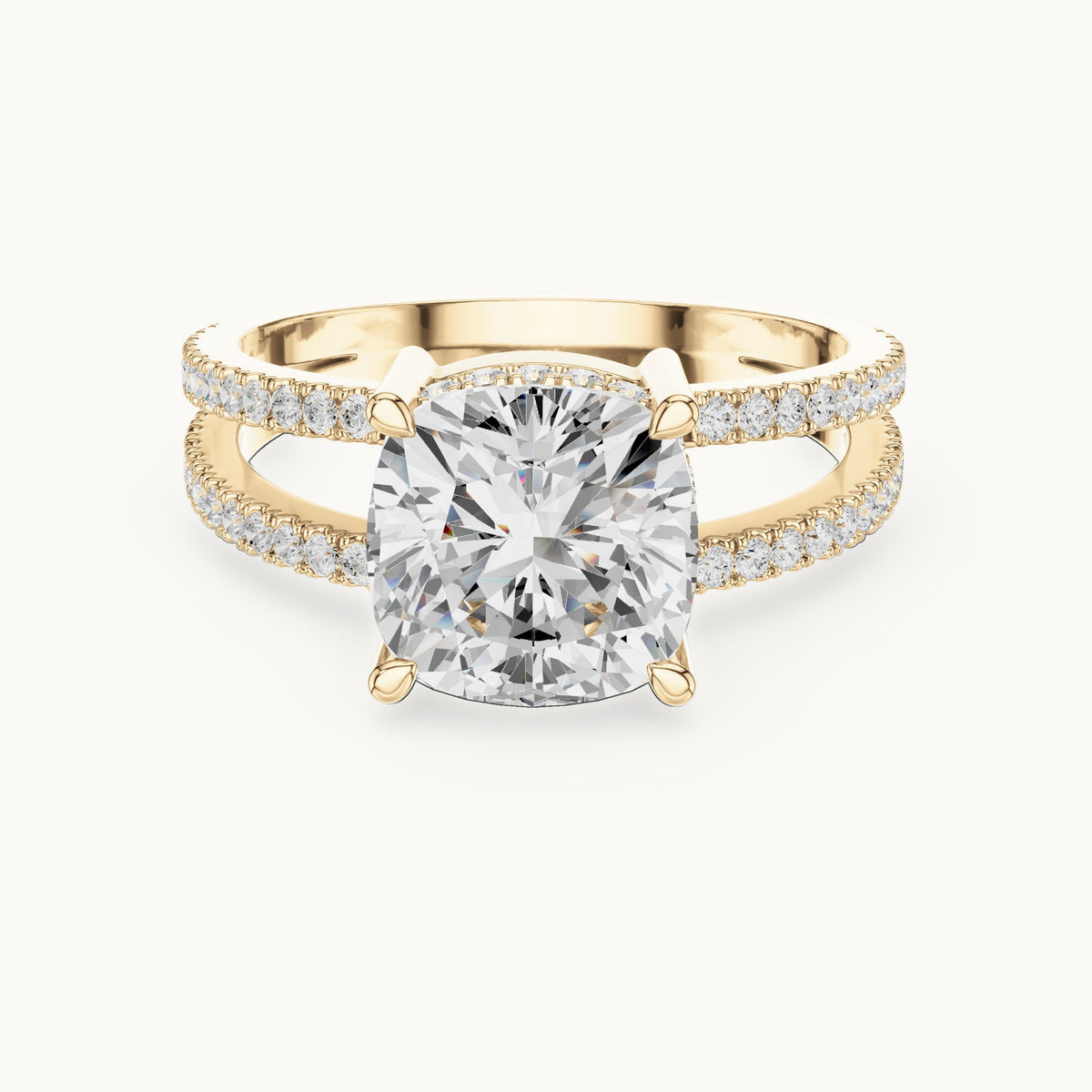Cushion-cut lab-grown diamond pavé split-shank hidden halo engagement ring in yellow gold, 3.408 CT TW, view 4