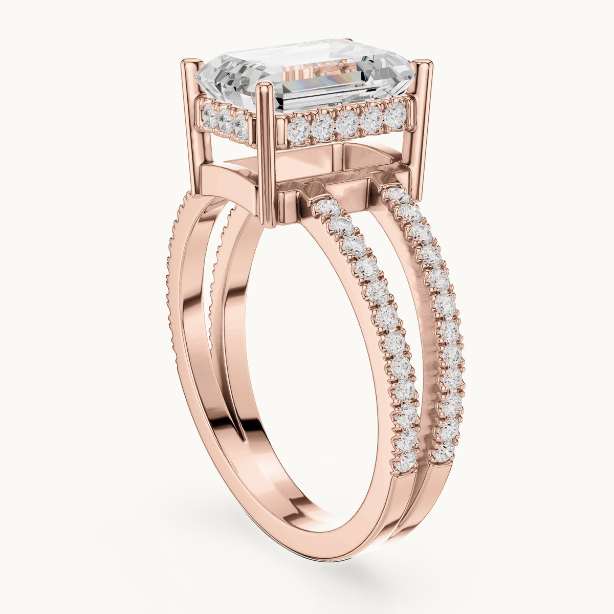 Emerald-cut lab-grown diamond pavé split-shank hidden halo engagement ring in rose gold, 3.416 CT TW, view 1