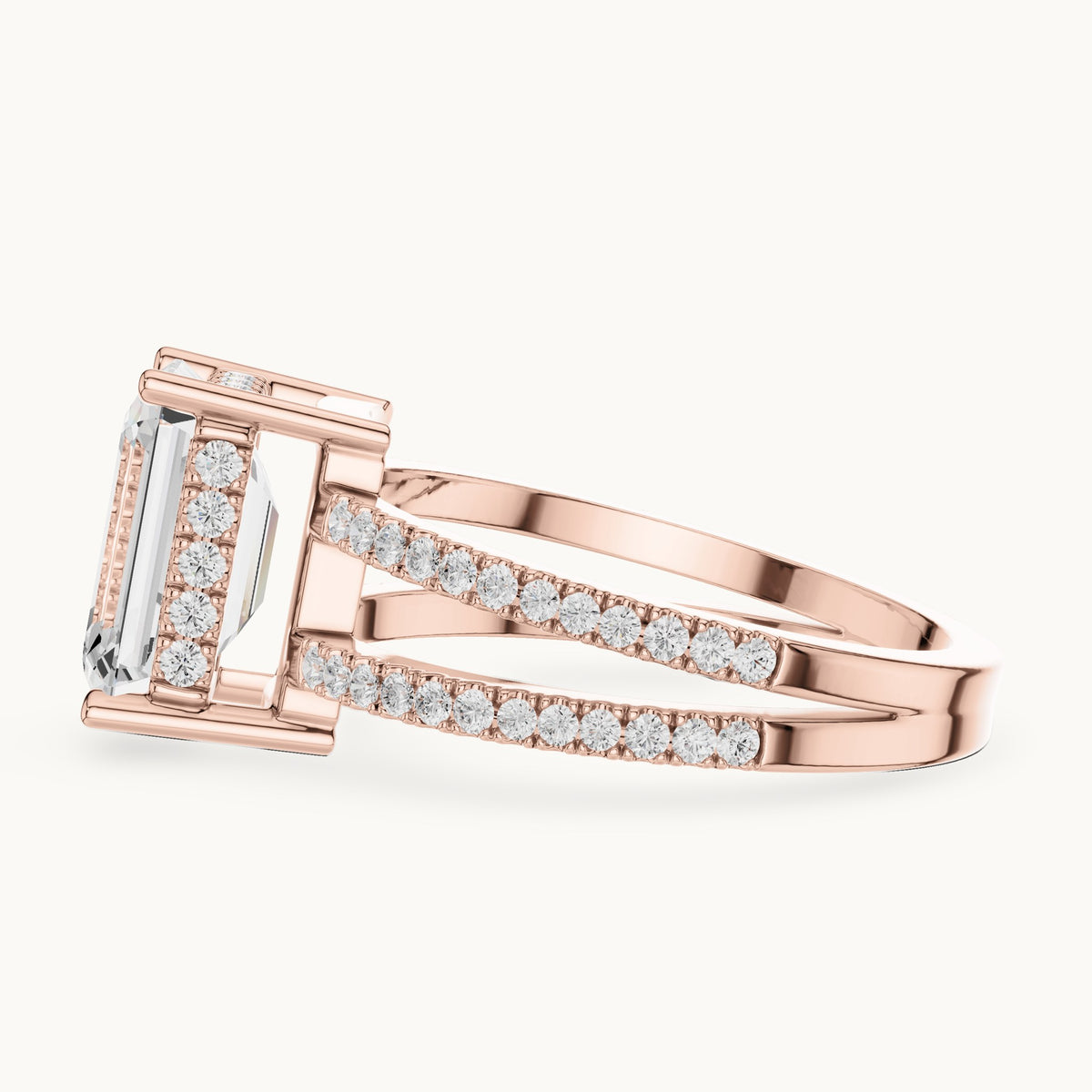 Emerald-cut lab-grown diamond pavé split-shank hidden halo engagement ring in rose gold, 3.416 CT TW, view 3