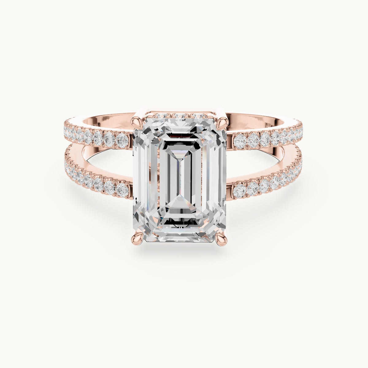 Emerald-cut lab-grown diamond pavé split-shank hidden halo engagement ring in rose gold, 3.416 CT TW, view 4