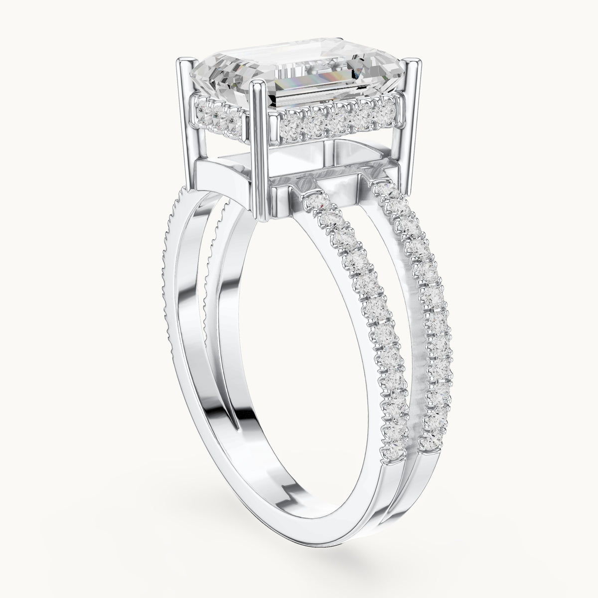 Emerald-cut lab-grown diamond pavé split-shank hidden halo engagement ring in white gold, 3.416 CT TW, view 1