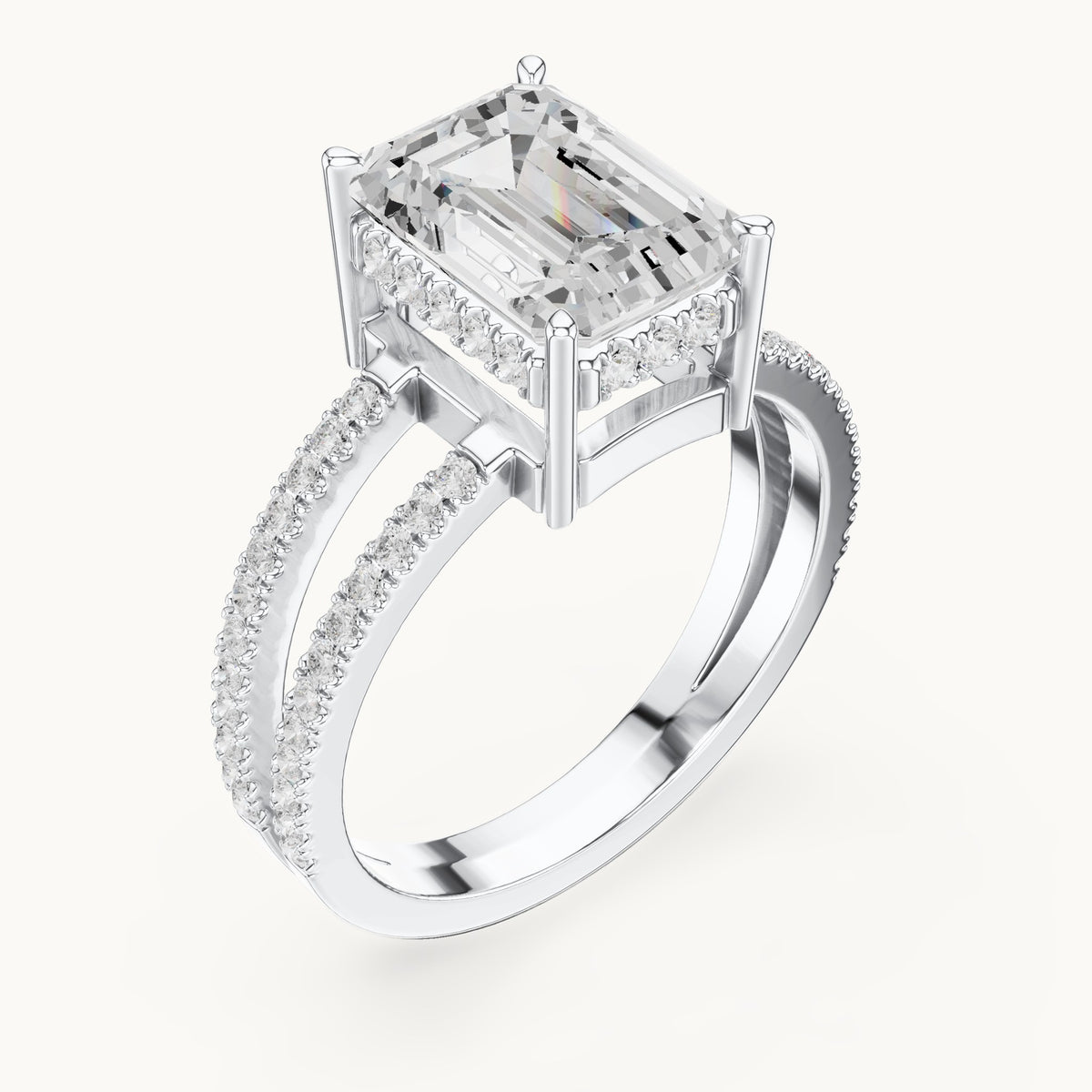 Emerald-cut lab-grown diamond pavé split-shank hidden halo engagement ring in white gold, 3.416 CT TW, view 2