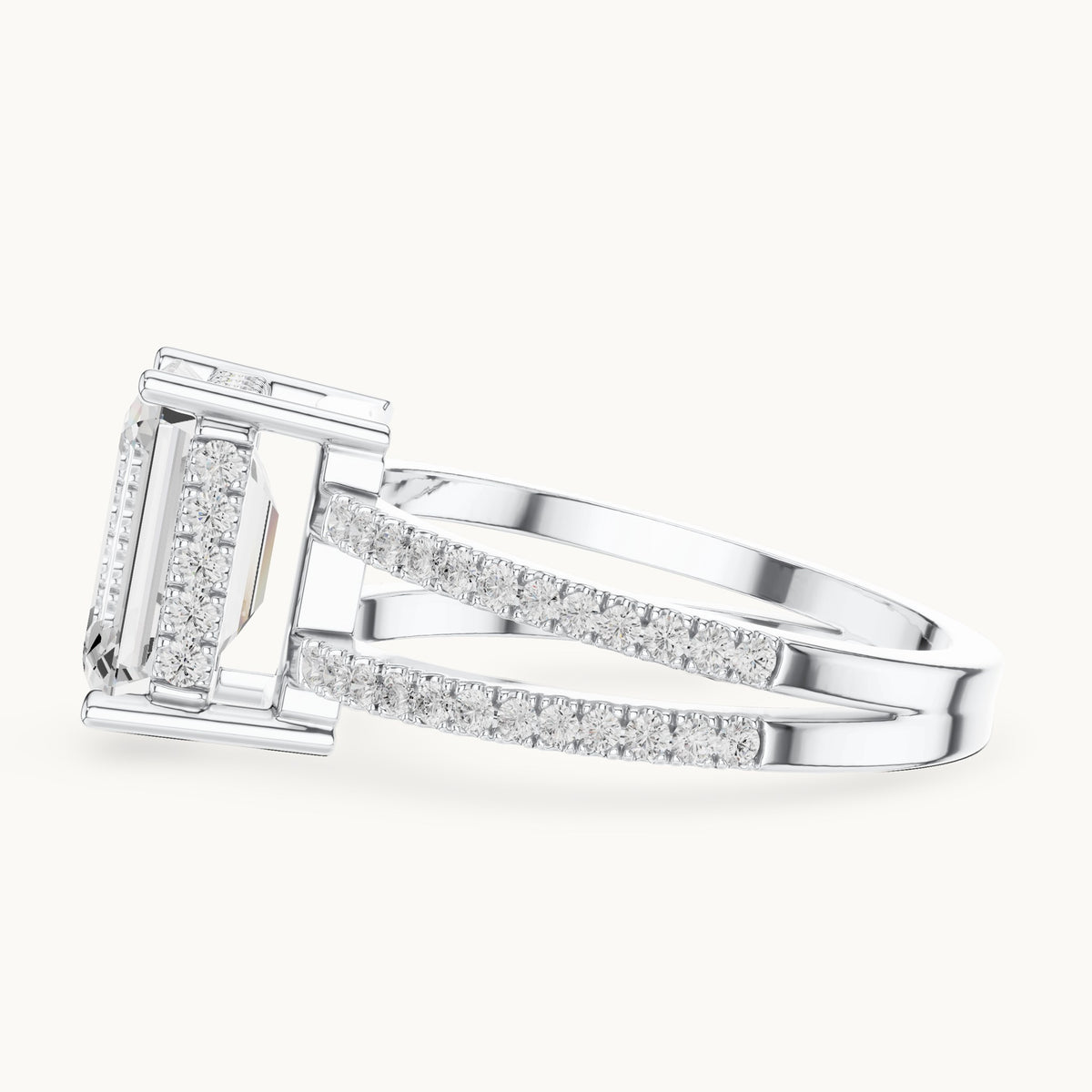Emerald-cut lab-grown diamond pavé split-shank hidden halo engagement ring in white gold, 3.416 CT TW, view 3