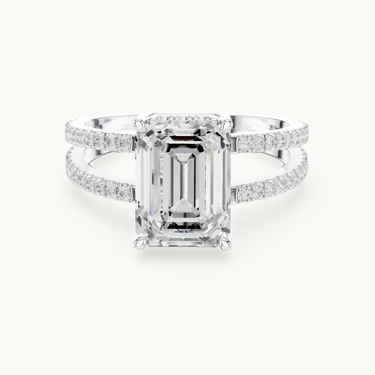 Emerald-cut lab-grown diamond pavé split-shank hidden halo engagement ring in white gold, 3.416 CT TW, view 4
