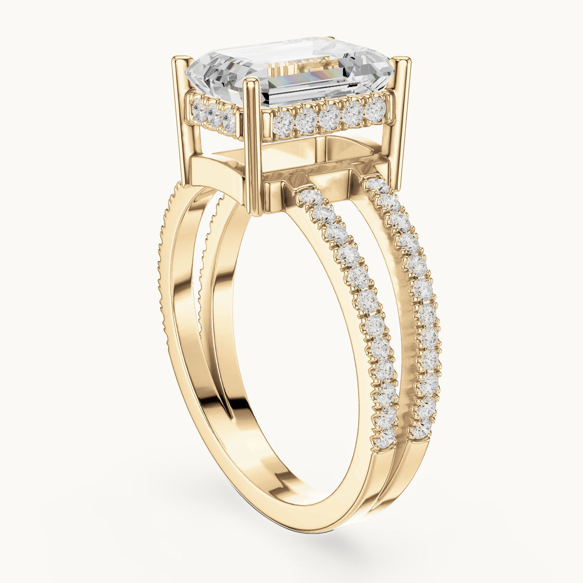 Emerald-cut lab-grown diamond pavé split-shank hidden halo engagement ring in yellow gold, 3.416 CT TW, view 1