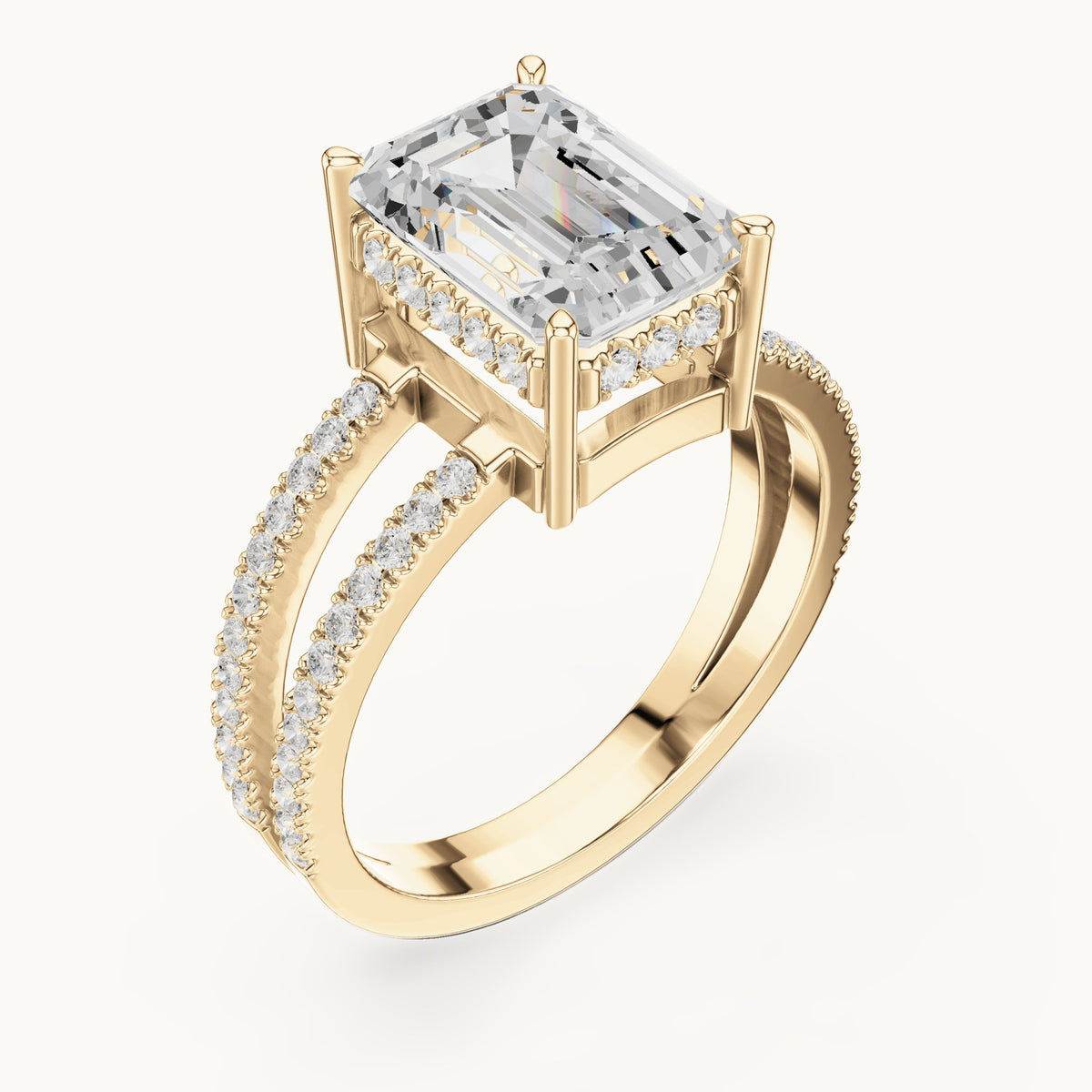 Emerald-cut lab-grown diamond pavé split-shank hidden halo engagement ring in yellow gold, 3.416 CT TW, view 2